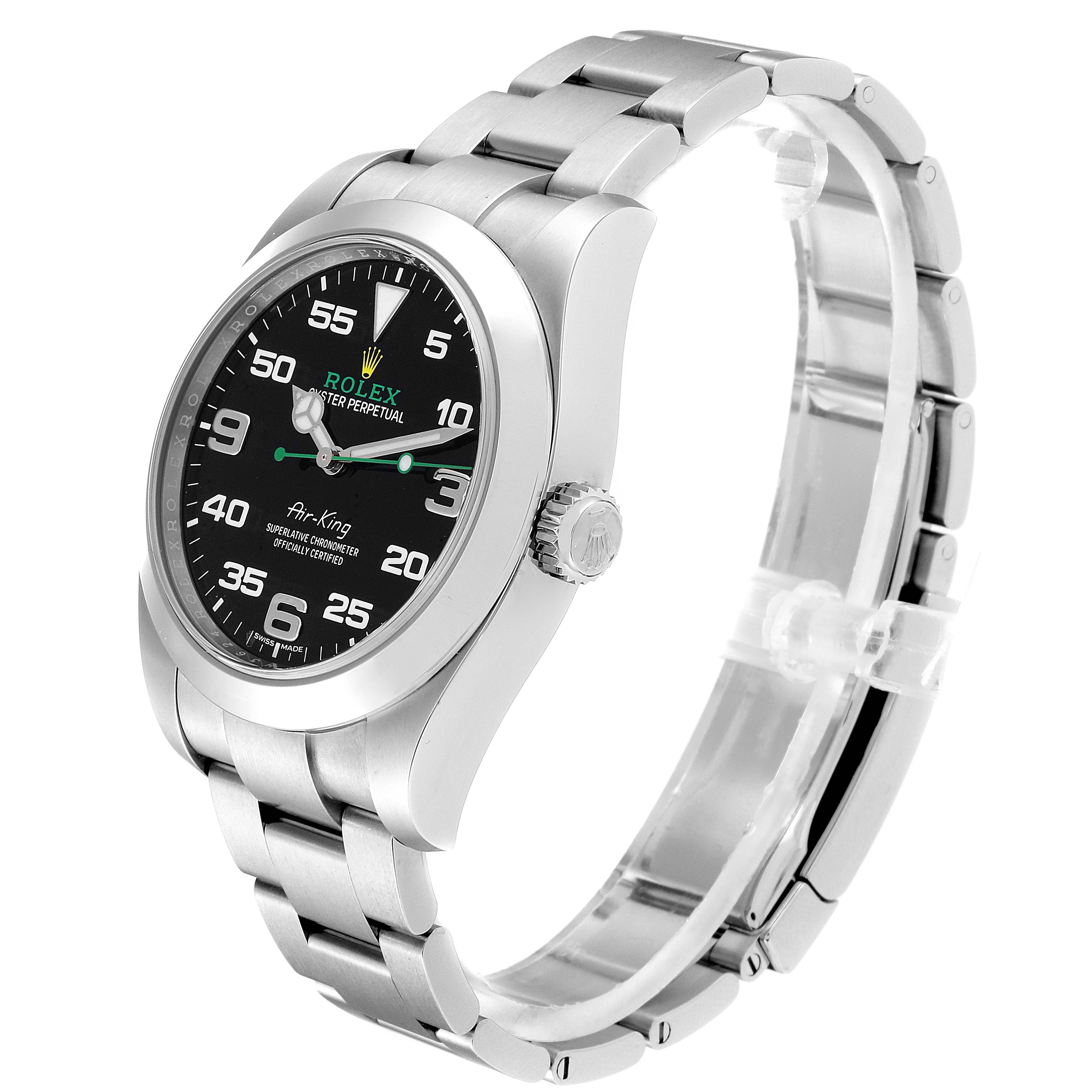 The Rolex Air-King 116900 Men's Stainless Steel Black Dial 116900 Men's Stainless Steel Black Dial watch is shown at an oblique angle, highlighting its face, bezel, and bracelet.