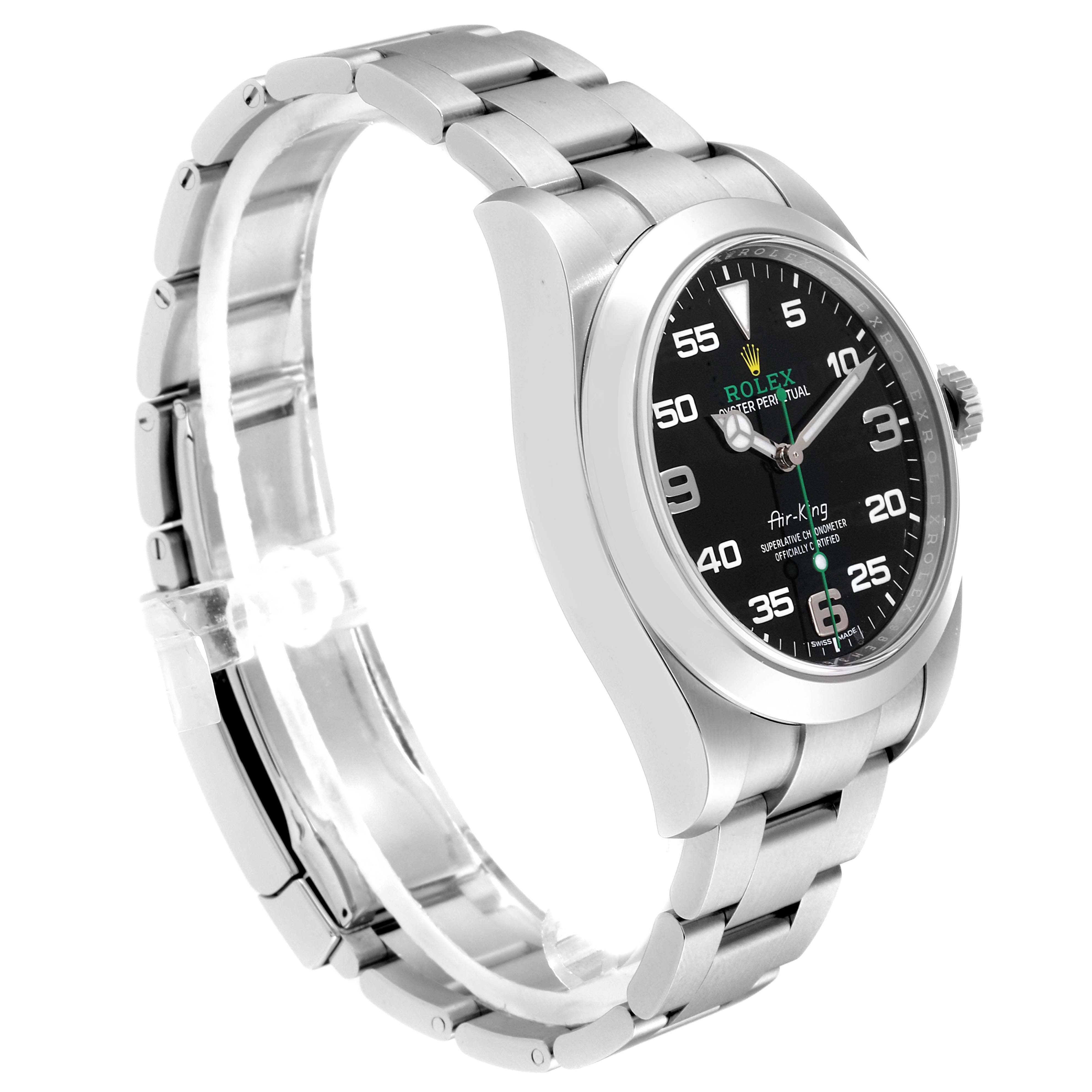 The Rolex Air-King 116900 Men's Stainless Steel Black Dial 116900 Men's Stainless Steel Black Dial watch is shown at a slight angle, featuring the face, bezel, crown, and stainless steel bracelet.