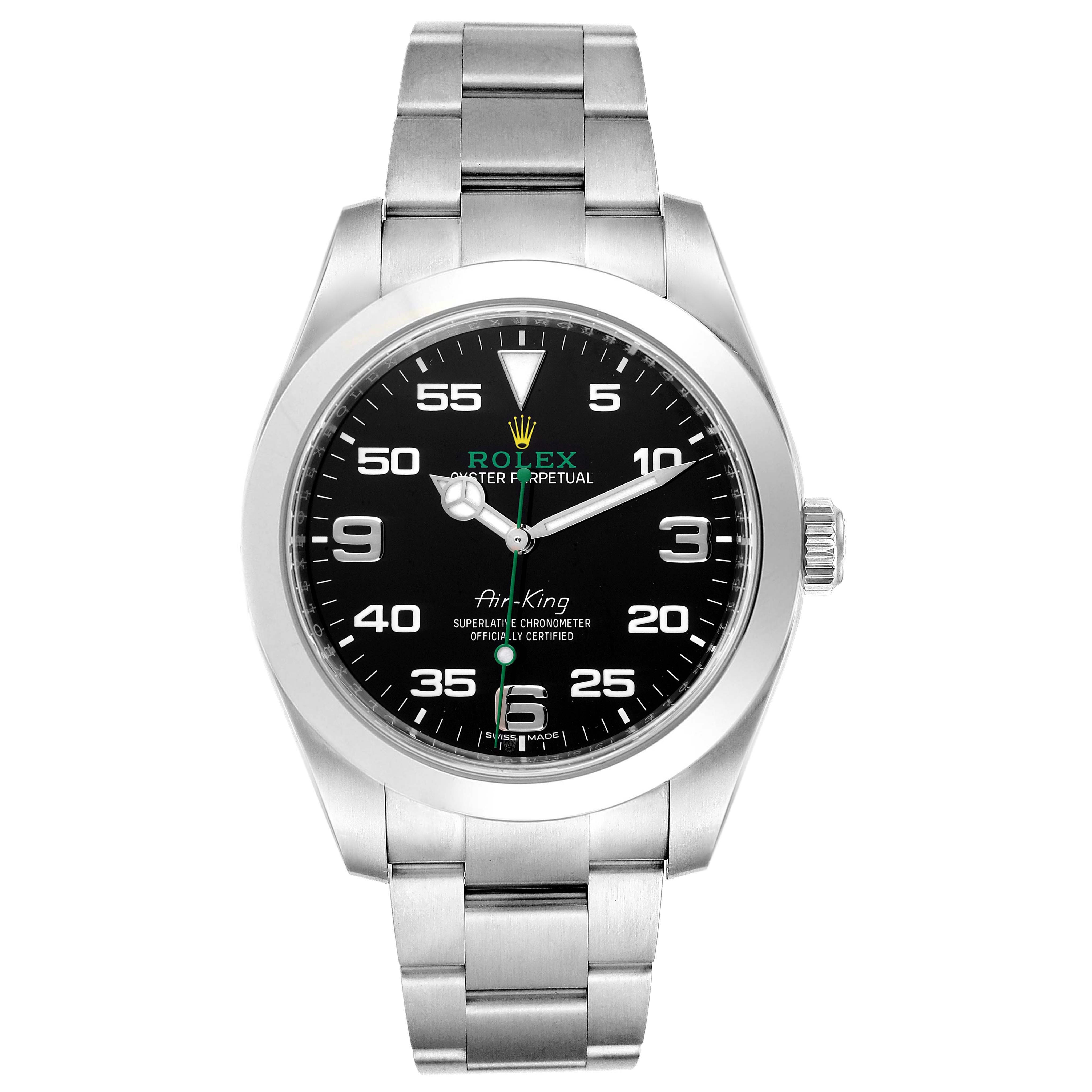 The image shows a front view of the Rolex Air-King 116900 Men's Stainless Steel Black Dial 116900 Men's Stainless Steel Black Dial watch, displaying the face, bezel, and bracelet.