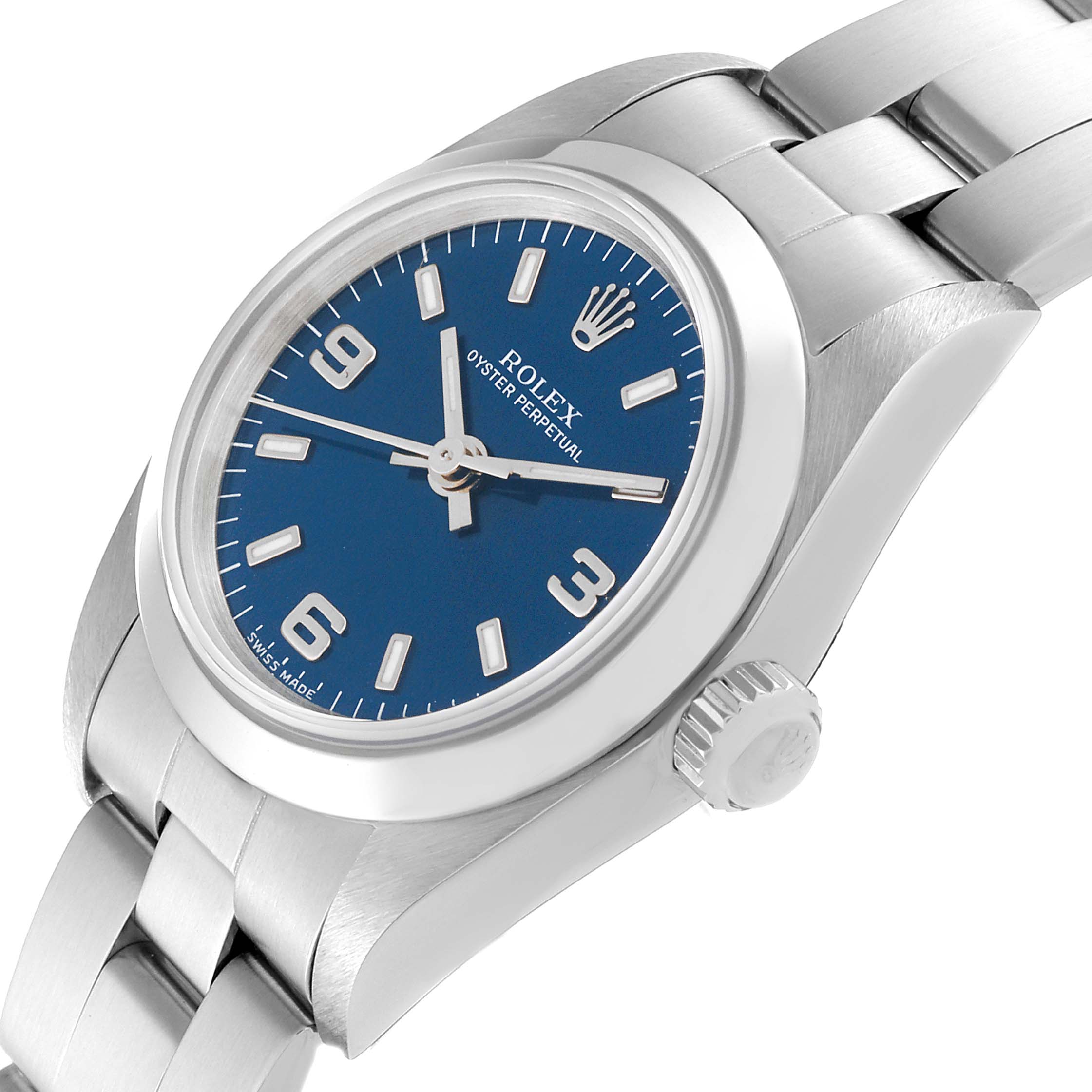 The image shows a close-up angle of a Rolex Oyster Perpetual 76080 Women's Stainless Steel Blue Dial 76080 Women's Stainless Steel Blue Dial watch, highlighting the dial, crown, and part of the bracelet.