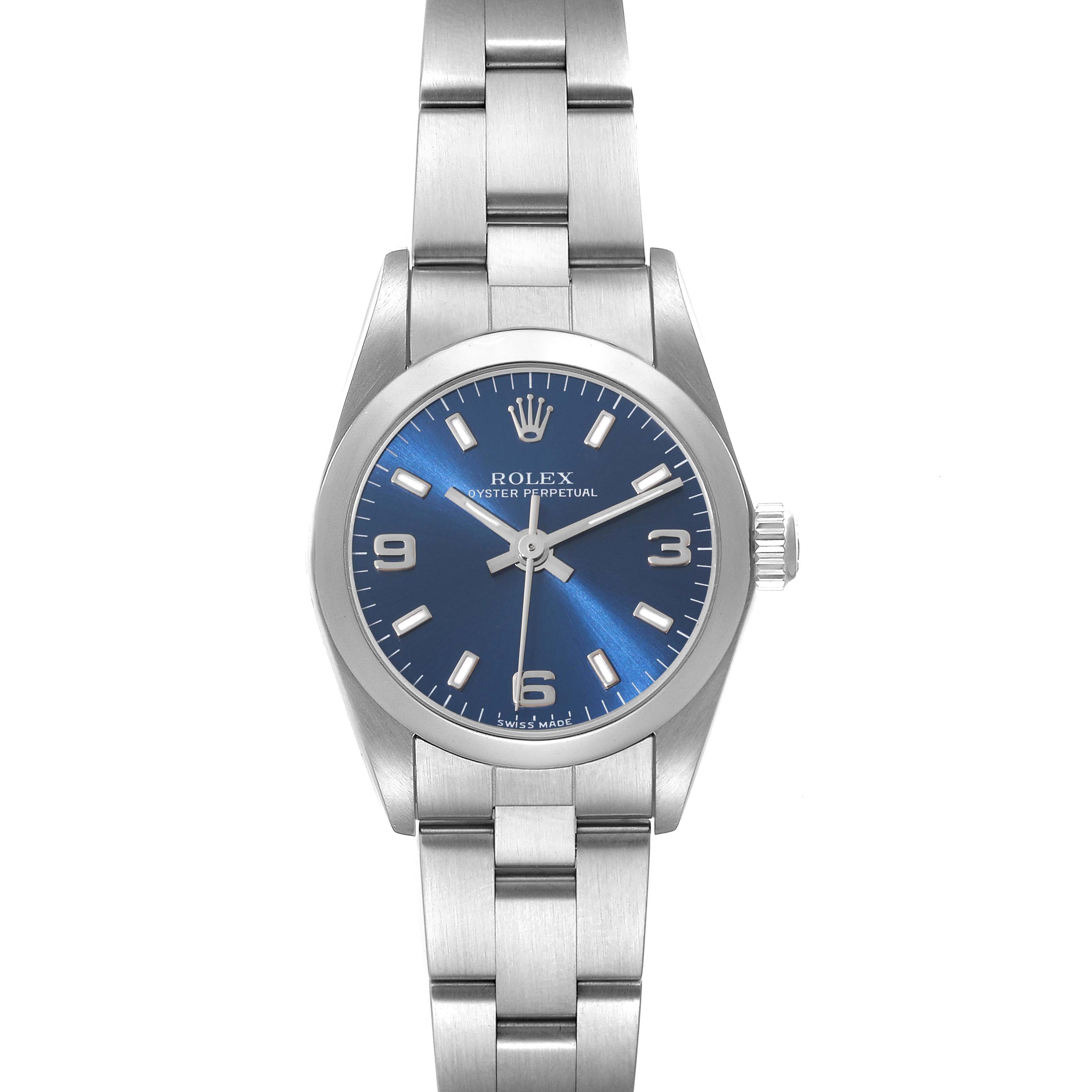 This image shows a front view of a Rolex Oyster Perpetual 76080 Women's Stainless Steel Blue Dial 76080 Women's Stainless Steel Blue Dial watch, displaying its blue dial and metal bracelet.