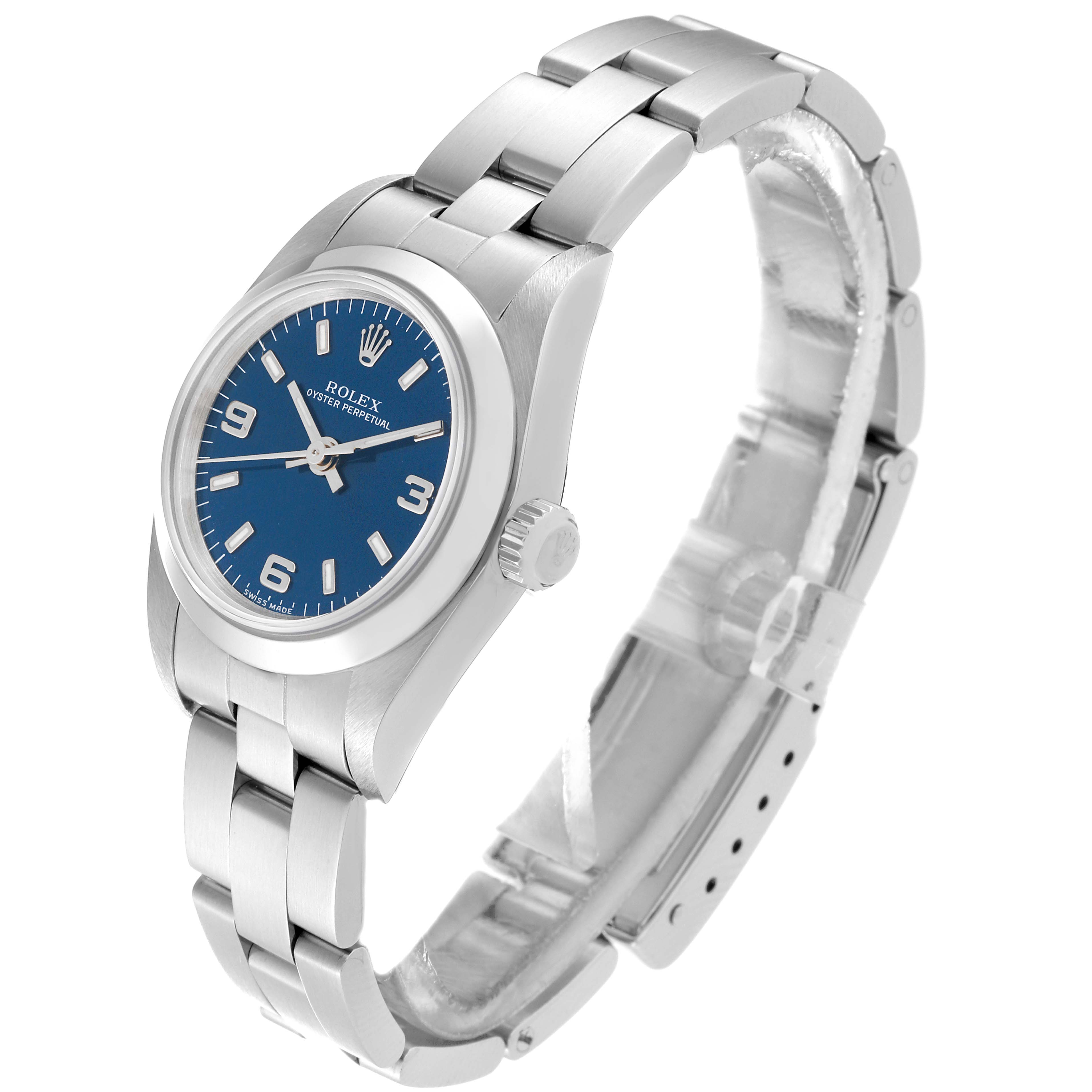 The Rolex Oyster Perpetual 76080 Women's Stainless Steel Blue Dial 76080 Women's Stainless Steel Blue Dial watch is shown at a slight angle displaying its dial, crown, and stainless steel bracelet.