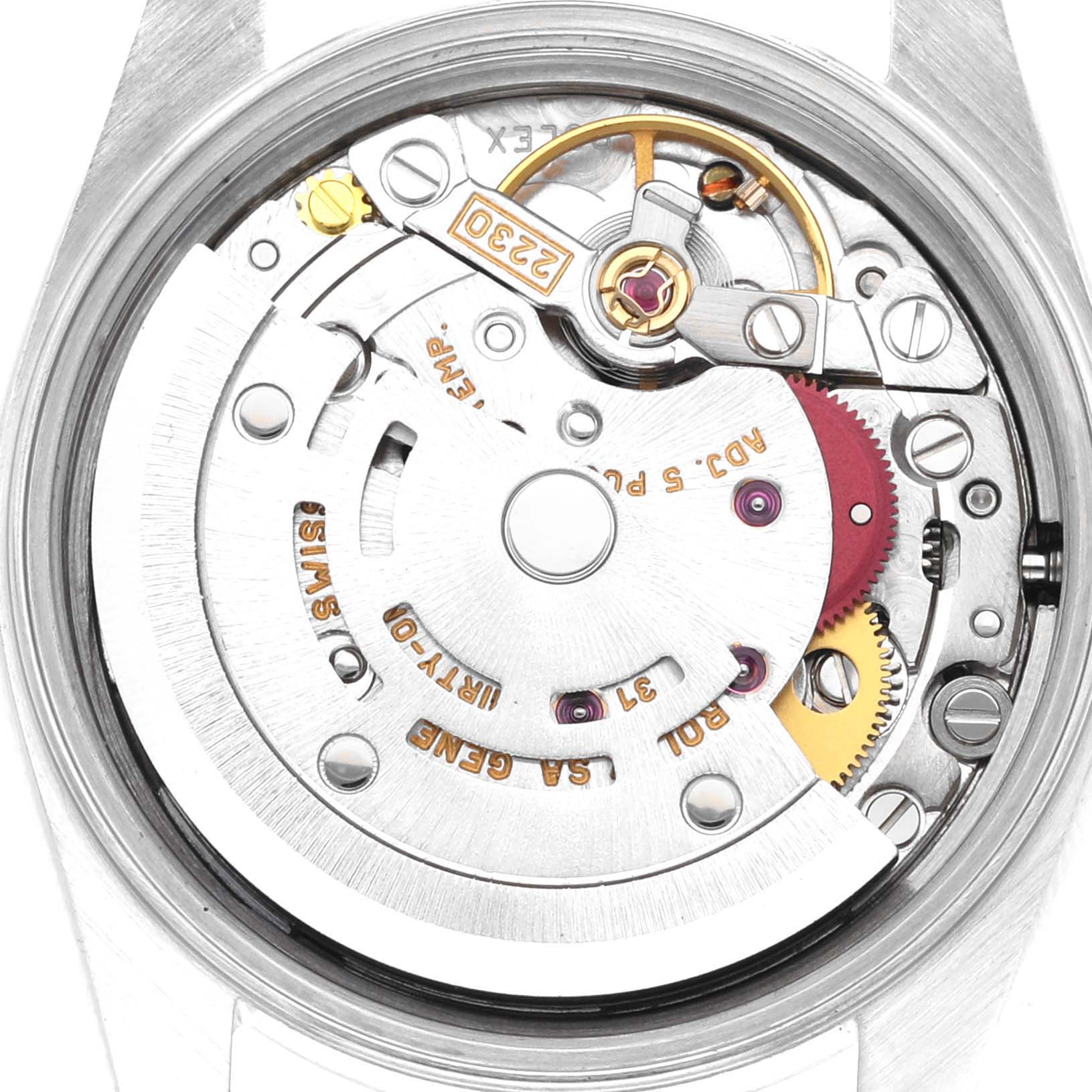 The image shows the internal mechanism and movement parts of a Rolex Oyster Perpetual 76080 Women's Stainless Steel Blue Dial 76080 Women's Stainless Steel Blue Dial watch from a top-down angle.