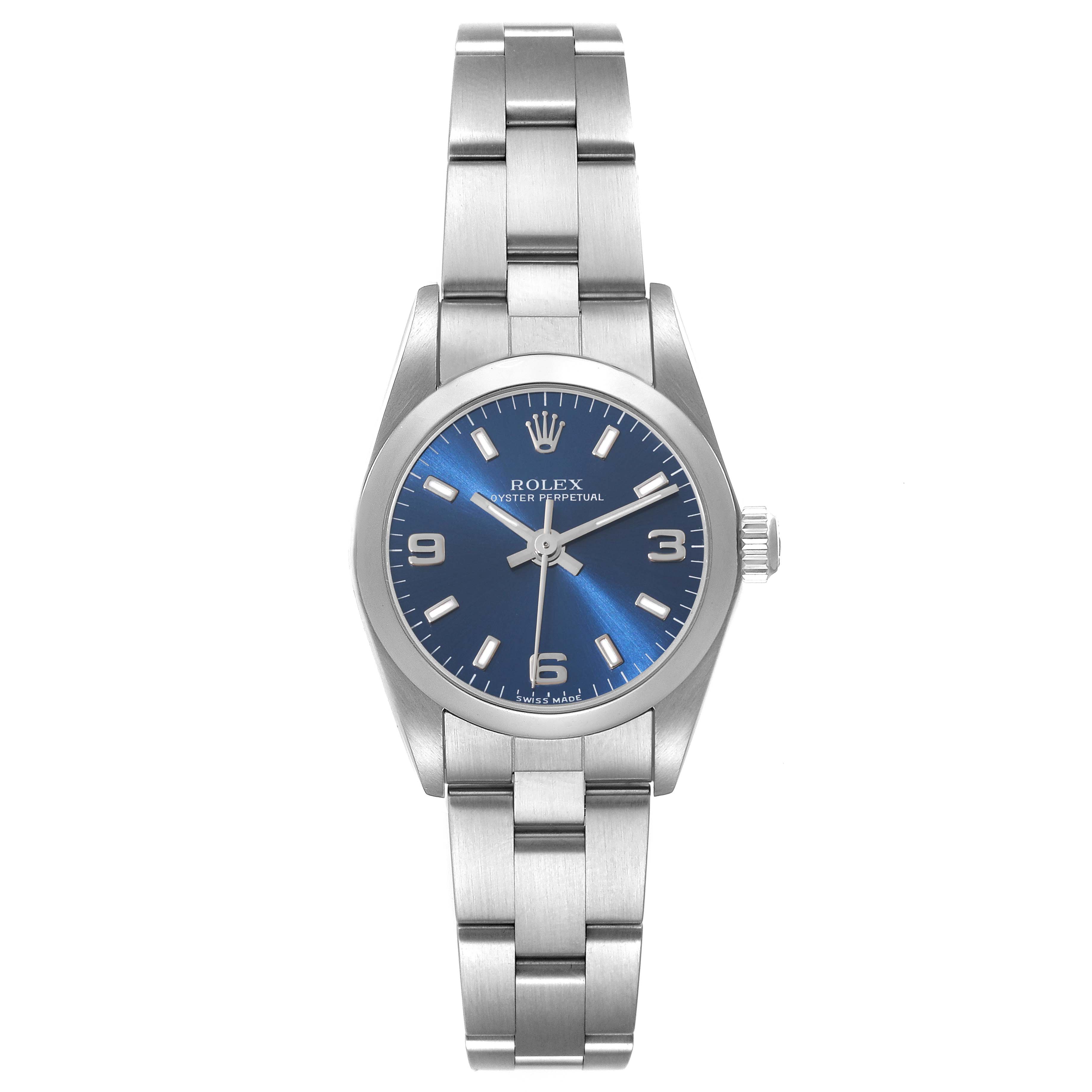 This image shows a front view of the Rolex Oyster Perpetual 76080 Women's Stainless Steel Blue Dial 76080 Women's Stainless Steel Blue Dial, highlighting the blue dial and metal bracelet.