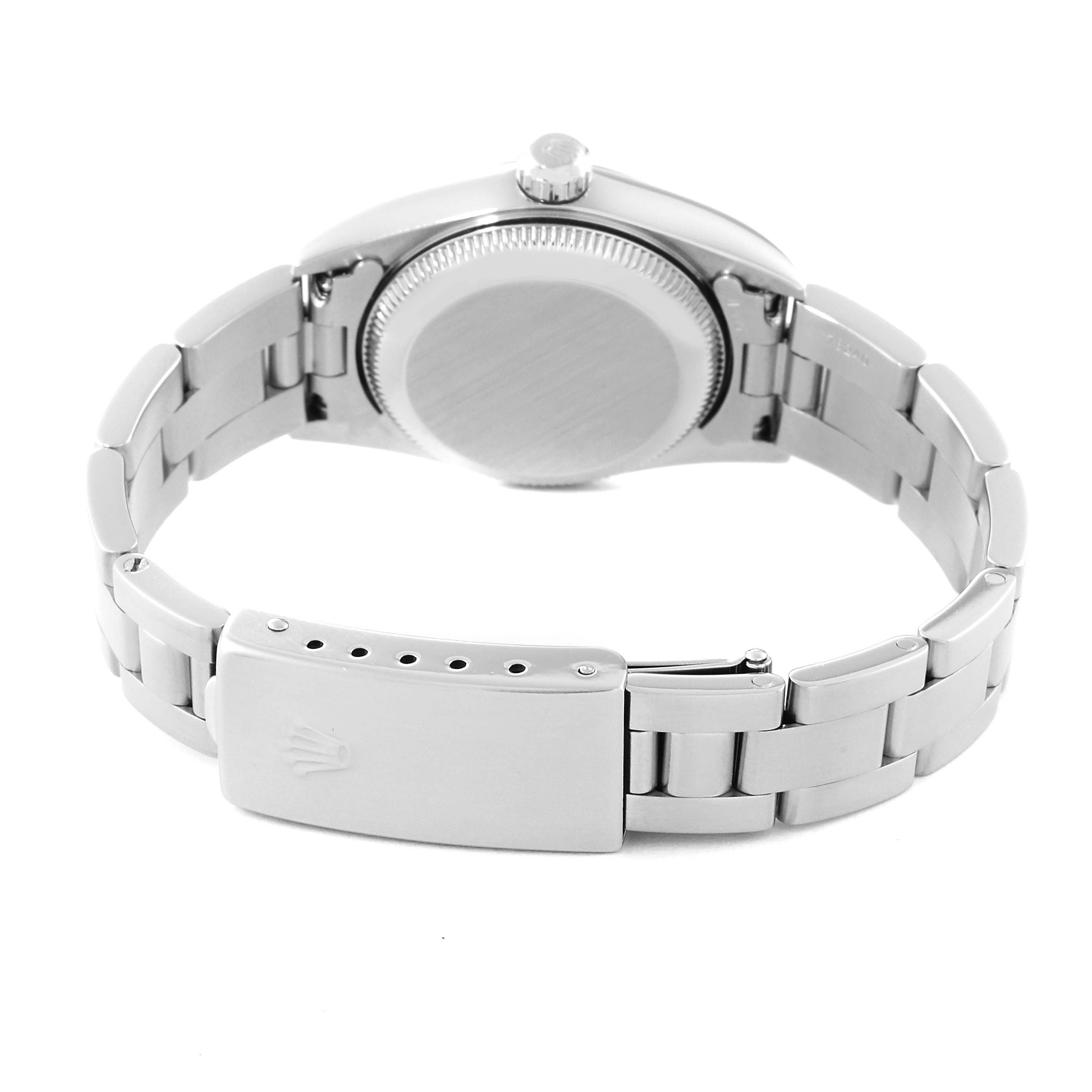 This image shows the back and clasp of a Rolex Oyster Perpetual 76080 Women's Stainless Steel Blue Dial 76080 Women's Stainless Steel Blue Dial watch, highlighting the bracelet and case back.