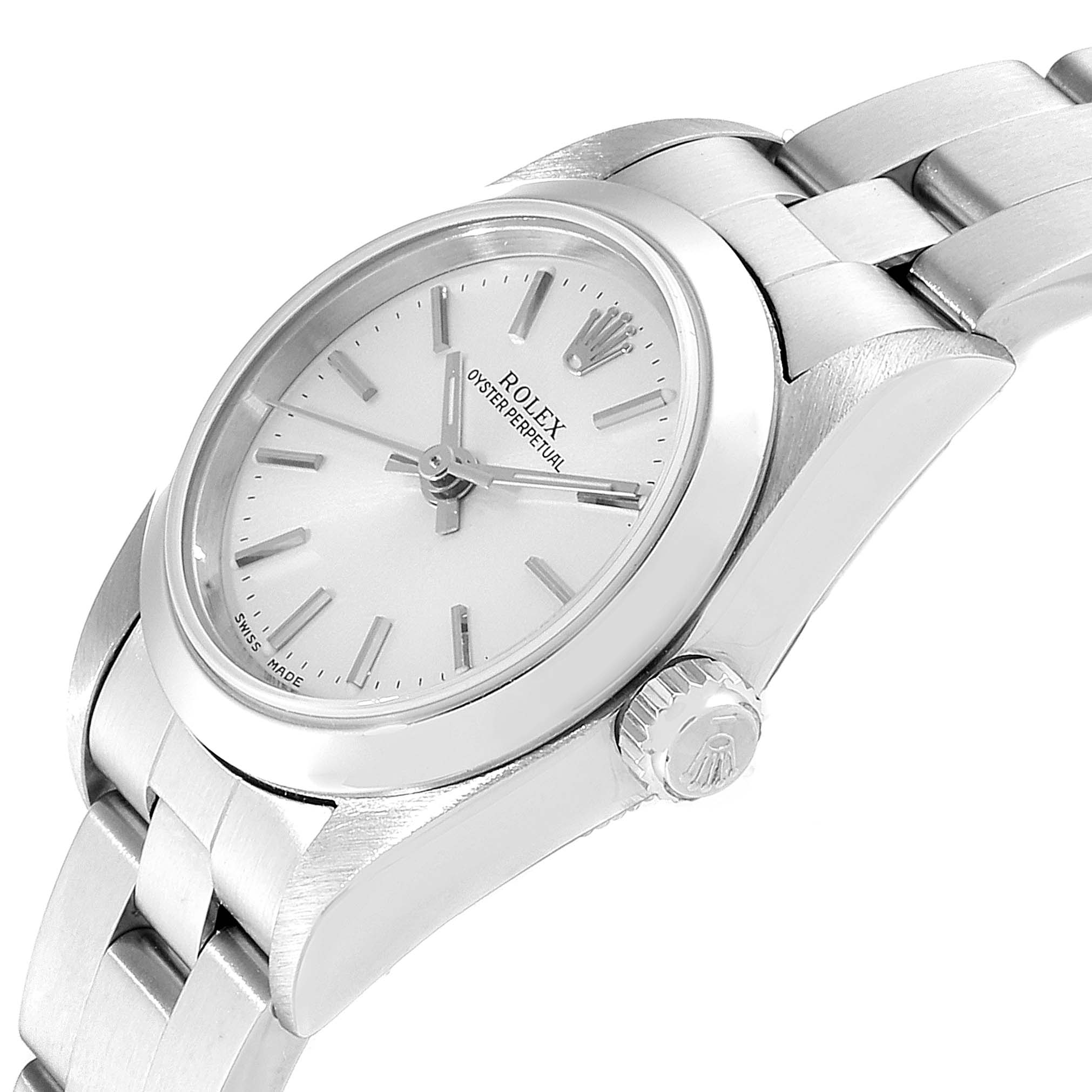 The image shows a close-up angled view of a Rolex Oyster Perpetual 76080 Women's Stainless Steel Silver Dial 76080 Women's Stainless Steel Silver Dial watch, highlighting the dial, bezel, crown, and part of the bracelet.