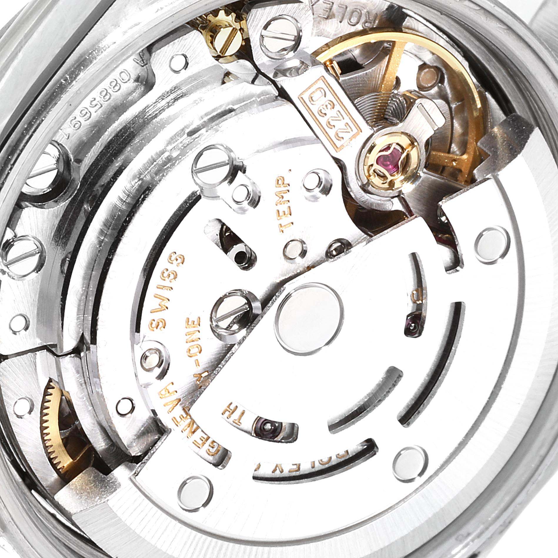 This image shows the internal movement mechanism of a Rolex Oyster Perpetual 76080 Women's Stainless Steel Silver Dial 76080 Women's Stainless Steel Silver Dial watch from a close-up angle.