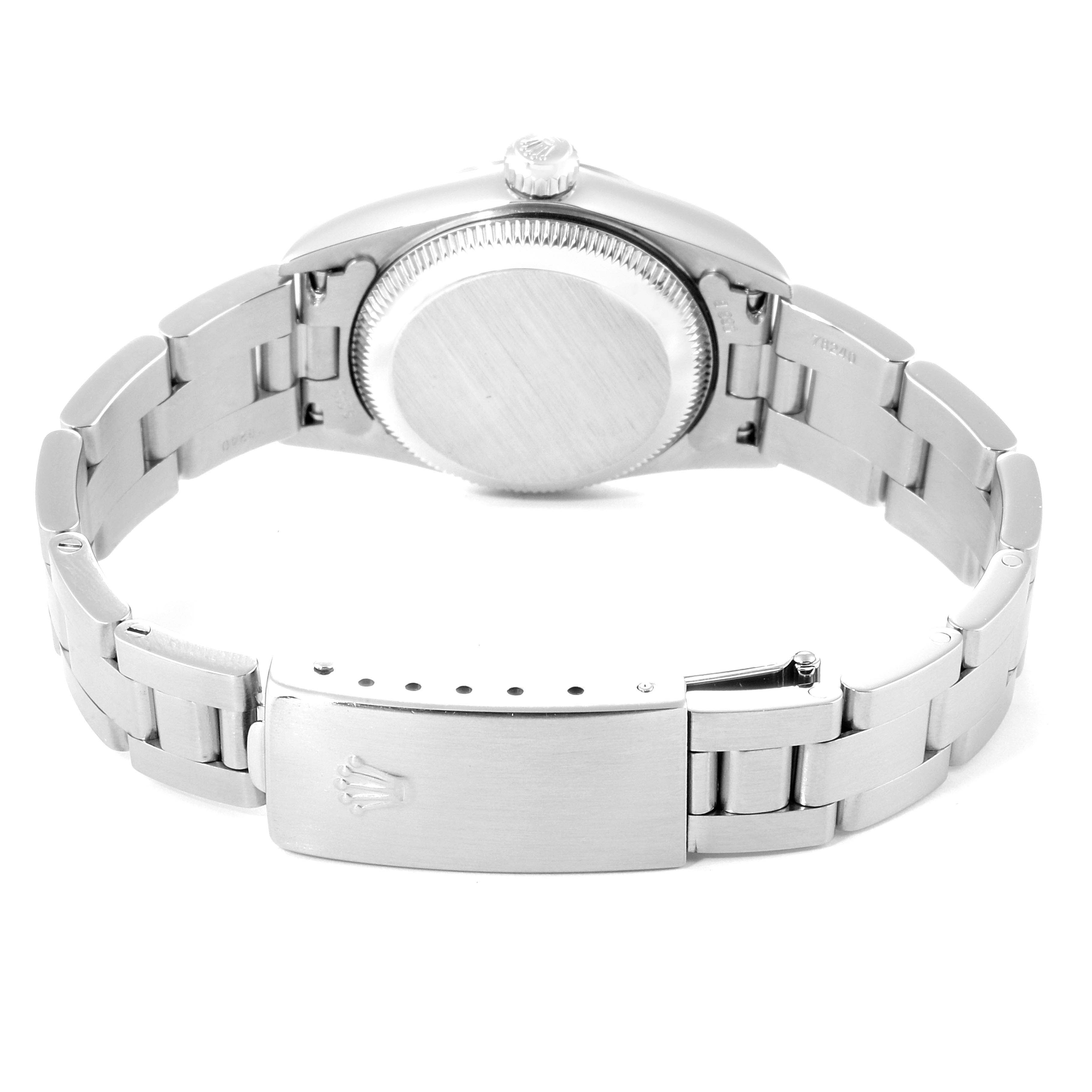 The image shows the back view of a Rolex Oyster Perpetual 76080 Women's Stainless Steel Silver Dial 76080 Women's Stainless Steel Silver Dial watch, focusing on the case back, bracelet, and clasp.