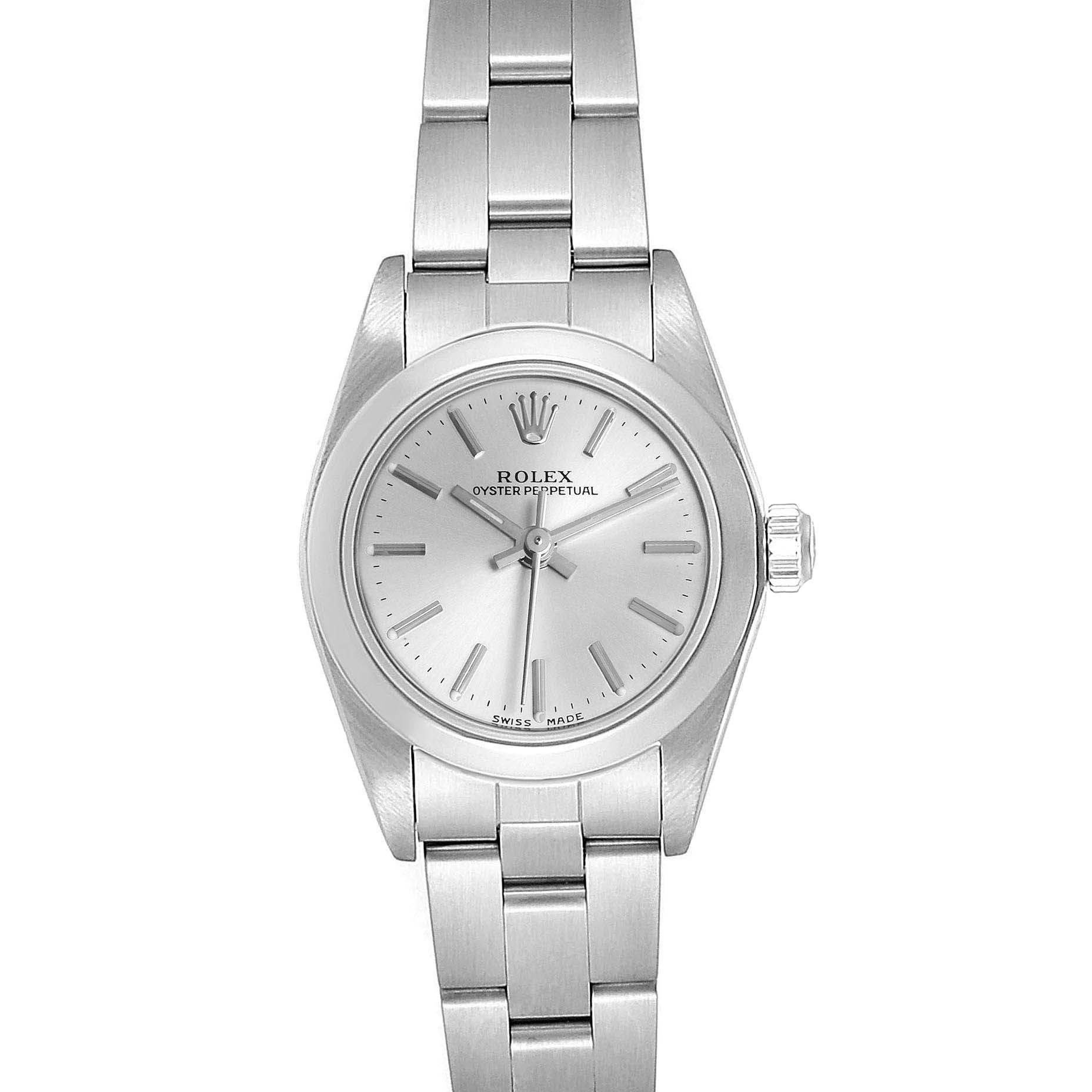This Rolex Oyster Perpetual 76080 Women's Stainless Steel Silver Dial 76080 Women's Stainless Steel Silver Dial watch is shown from a front angle, displaying its dial, bezel, bracelet, and crown.