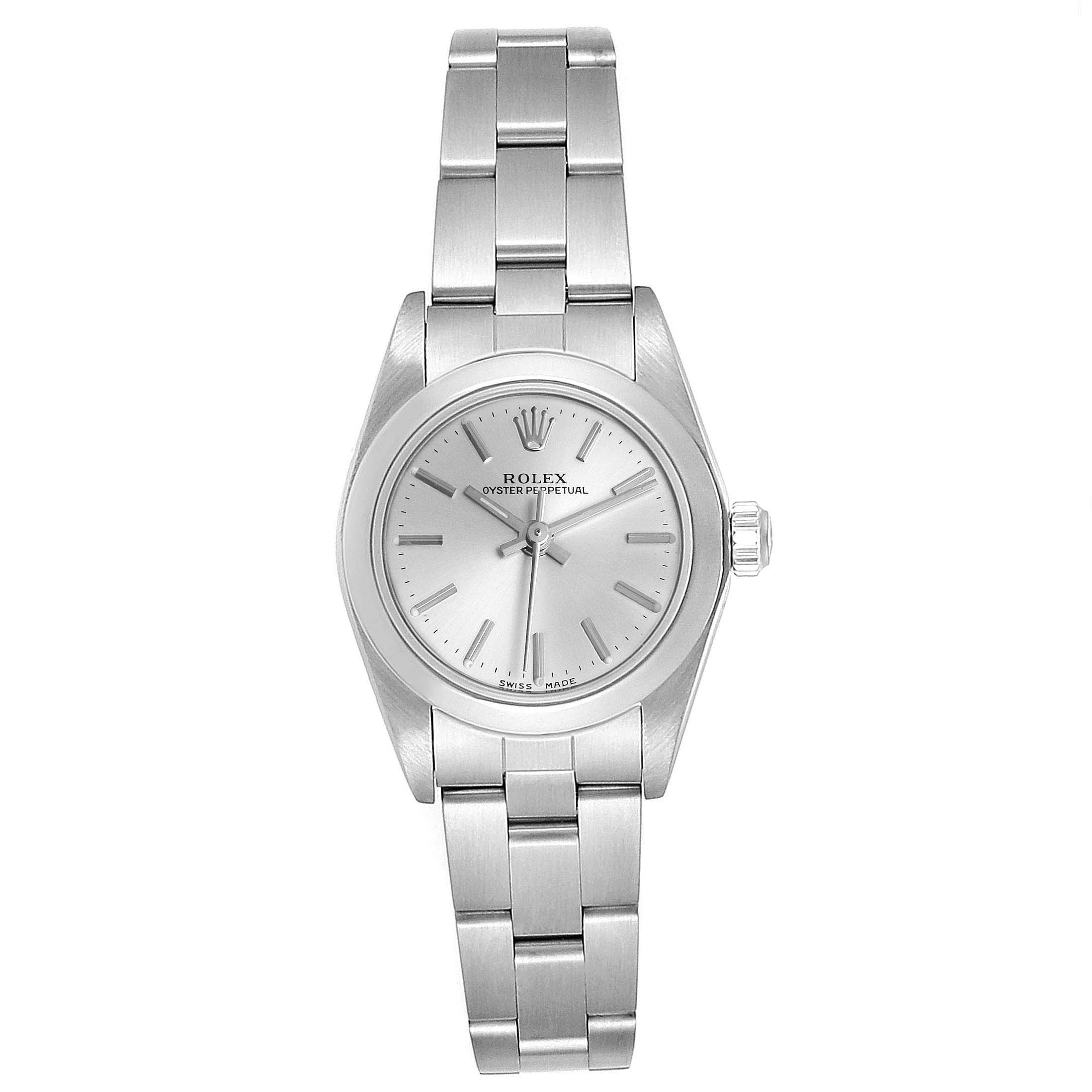 This image shows a front view of a Rolex Oyster Perpetual 76080 Women's Stainless Steel Silver Dial 76080 Women's Stainless Steel Silver Dial watch, clearly displaying its face, case, and bracelet.
