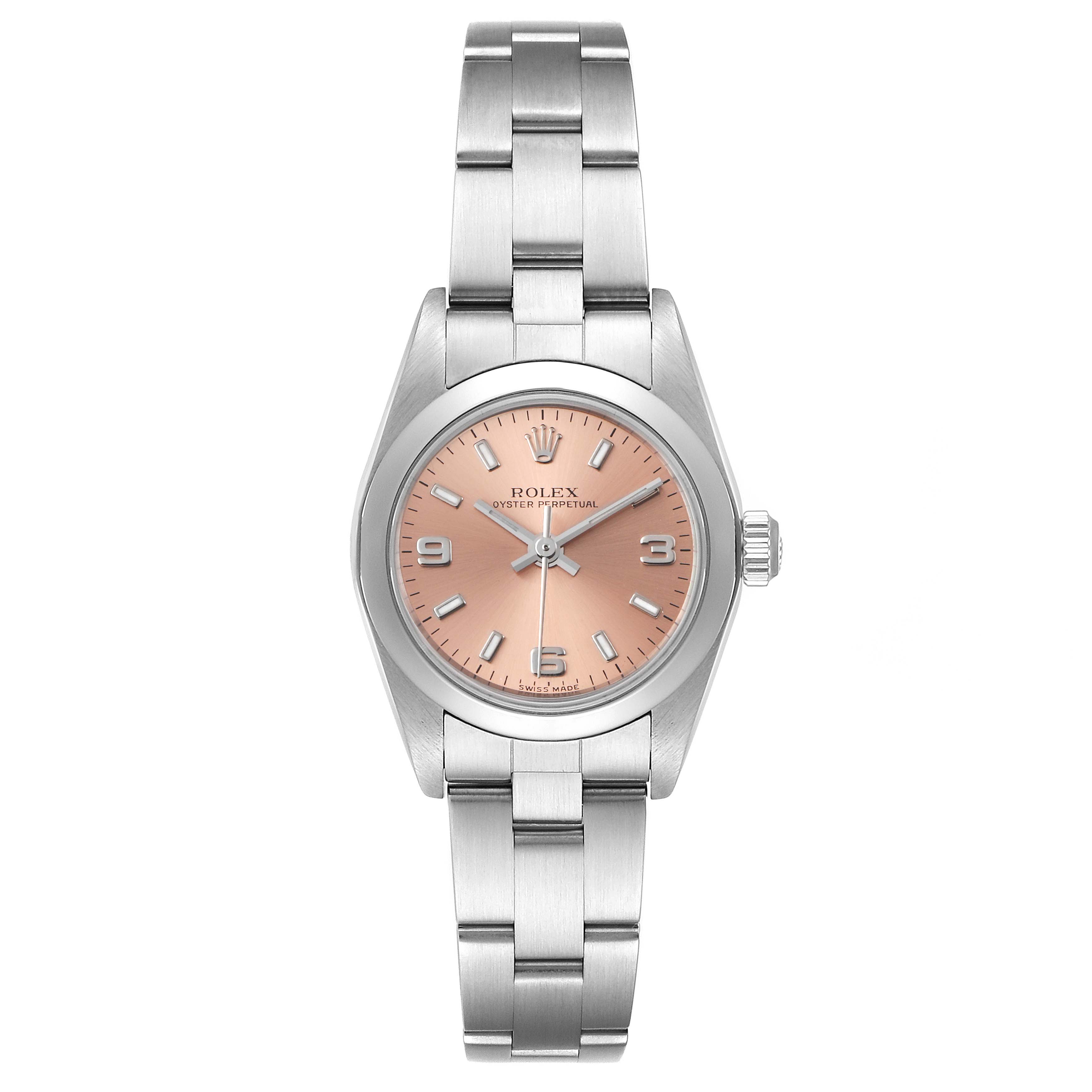 The image shows a front view of a Rolex Oyster Perpetual 76080 Women's Stainless Steel Pink Dial 76080 Women's Stainless Steel Pink Dial watch, displaying its bracelet, case, and peach-colored dial.
