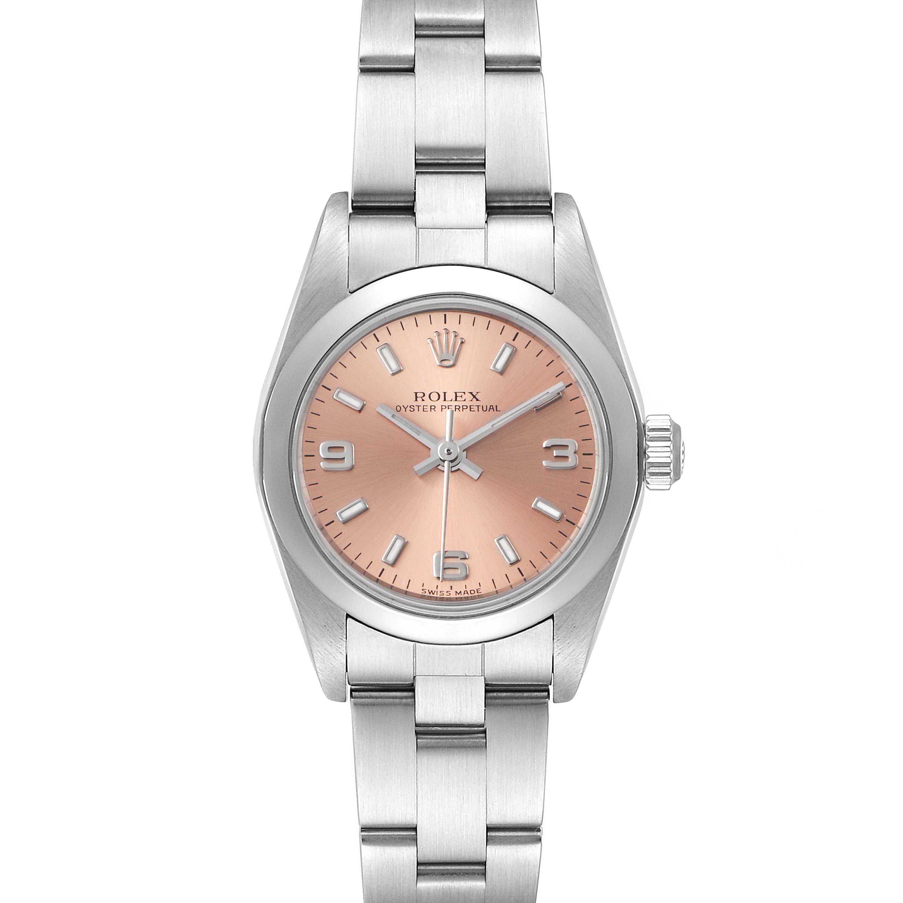 This Rolex Oyster Perpetual 76080 Women's Stainless Steel Pink Dial 76080 Women's Stainless Steel Pink Dial watch is shown from a top-down angle, highlighting the bracelet, case, crown, and dial.