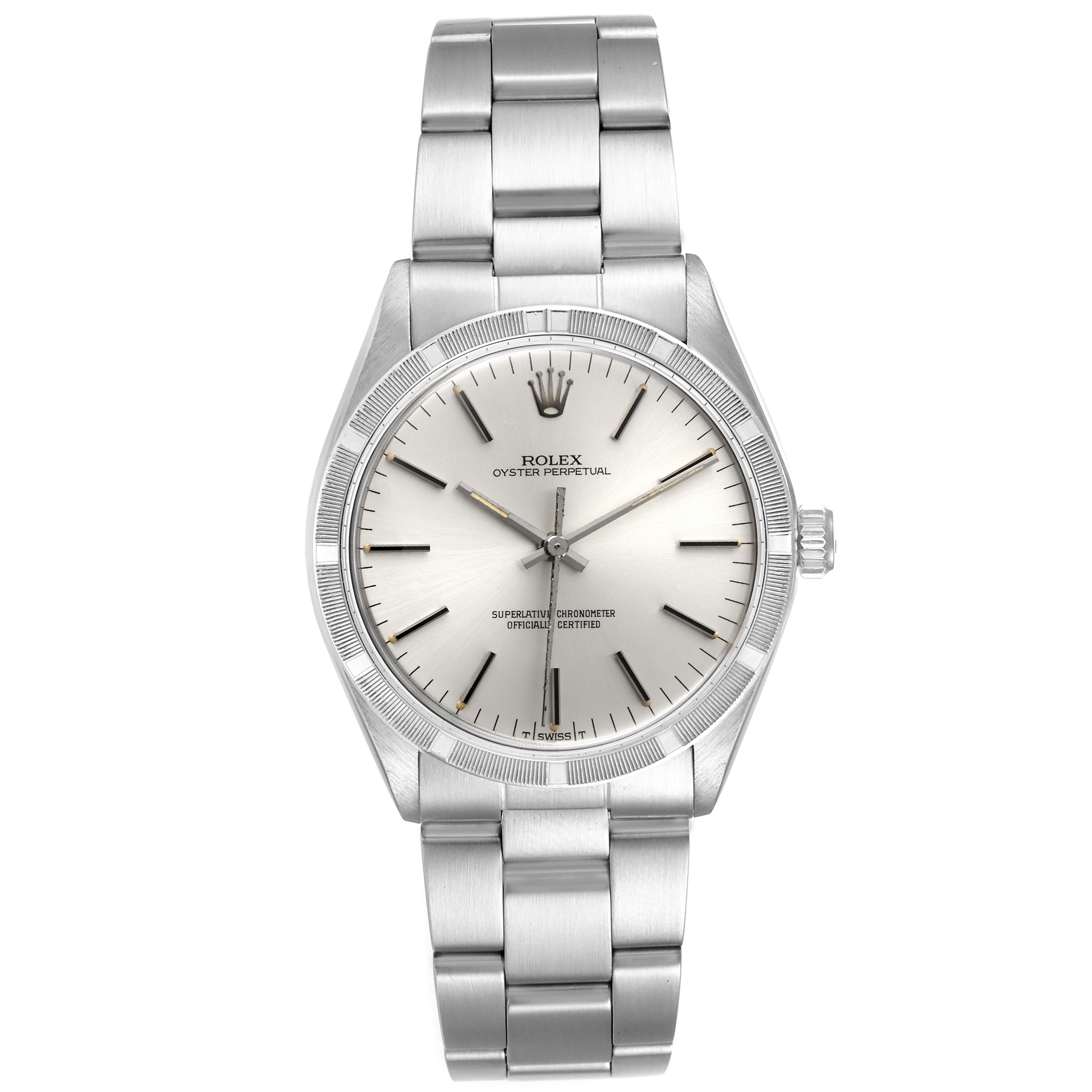 The Rolex Vintage Collection 1007 Men's Stainless Steel Silver Dial 1007 Men's Stainless Steel Silver Dial watch is shown in a frontal view, featuring its dial, bezel, crown, and metal bracelet.