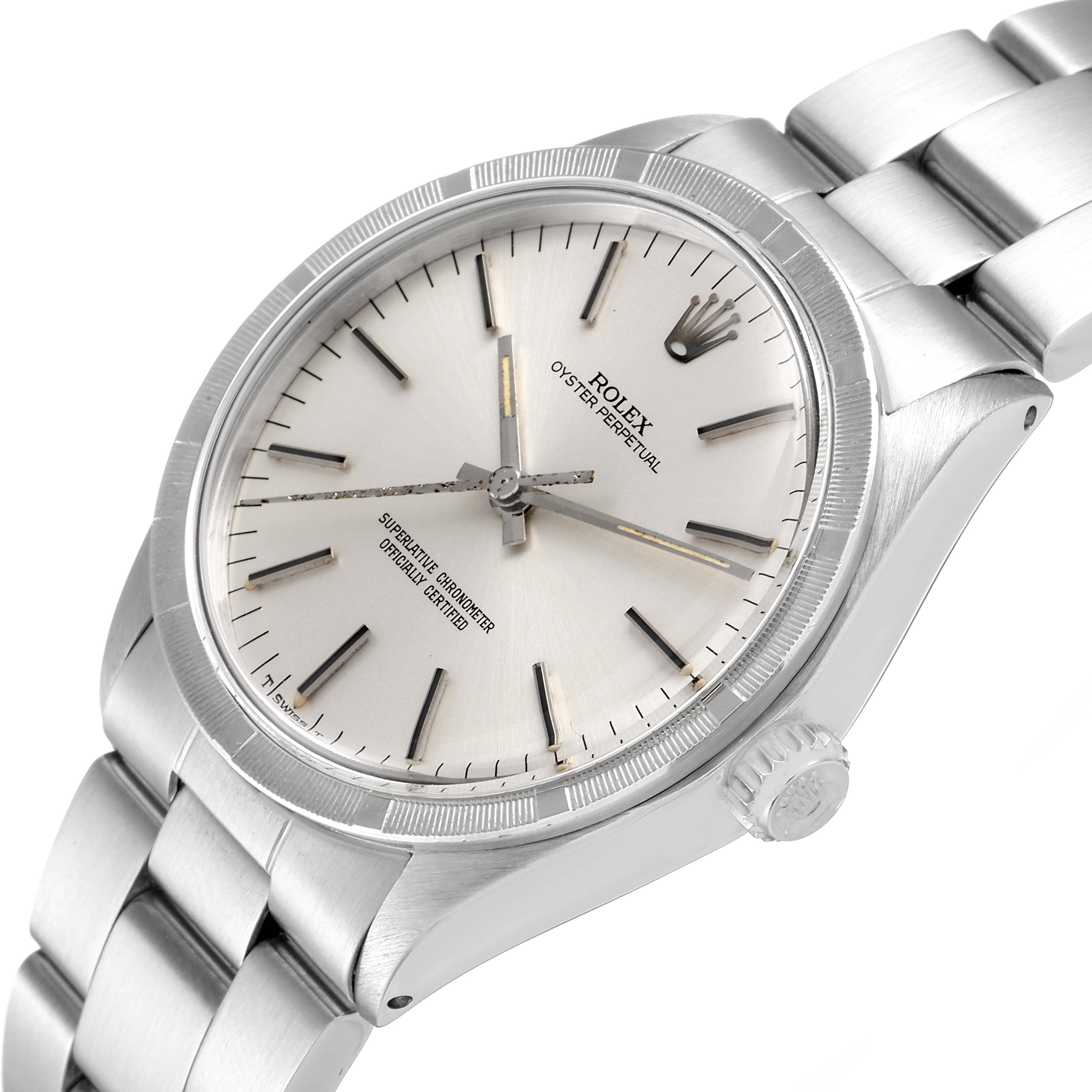 This image shows a close-up side angle of the Rolex Vintage Collection 1007 Men's Stainless Steel Silver Dial 1007 Men's Stainless Steel Silver Dial Oyster Perpetual watch, highlighting the dial, bezel, crown, and bracelet.