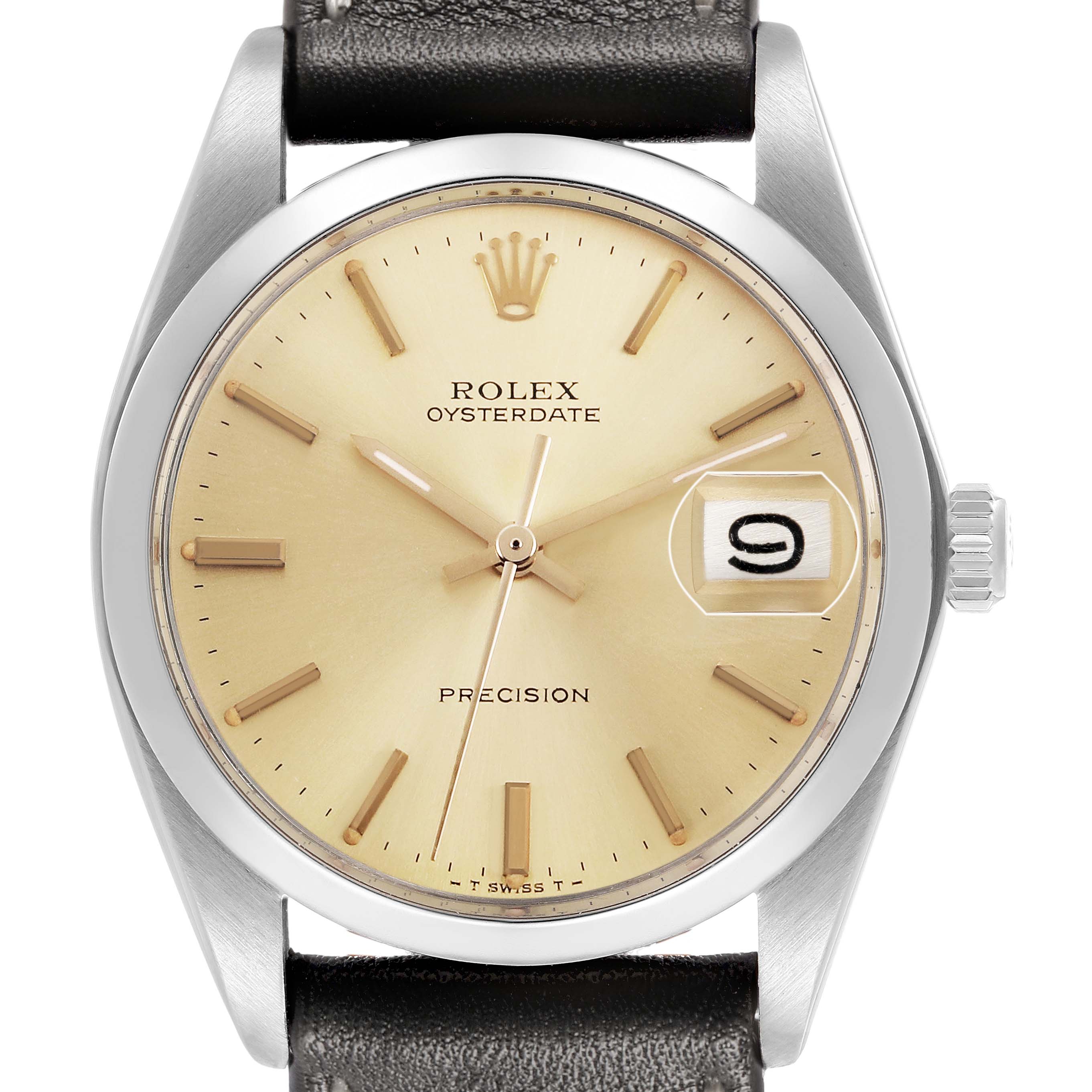 The Rolex Vintage Collection 6694 Men's Stainless Steel Champagne Dial watch is shown from a front angle, displaying its dial, hands, date window, crown, and leather strap.