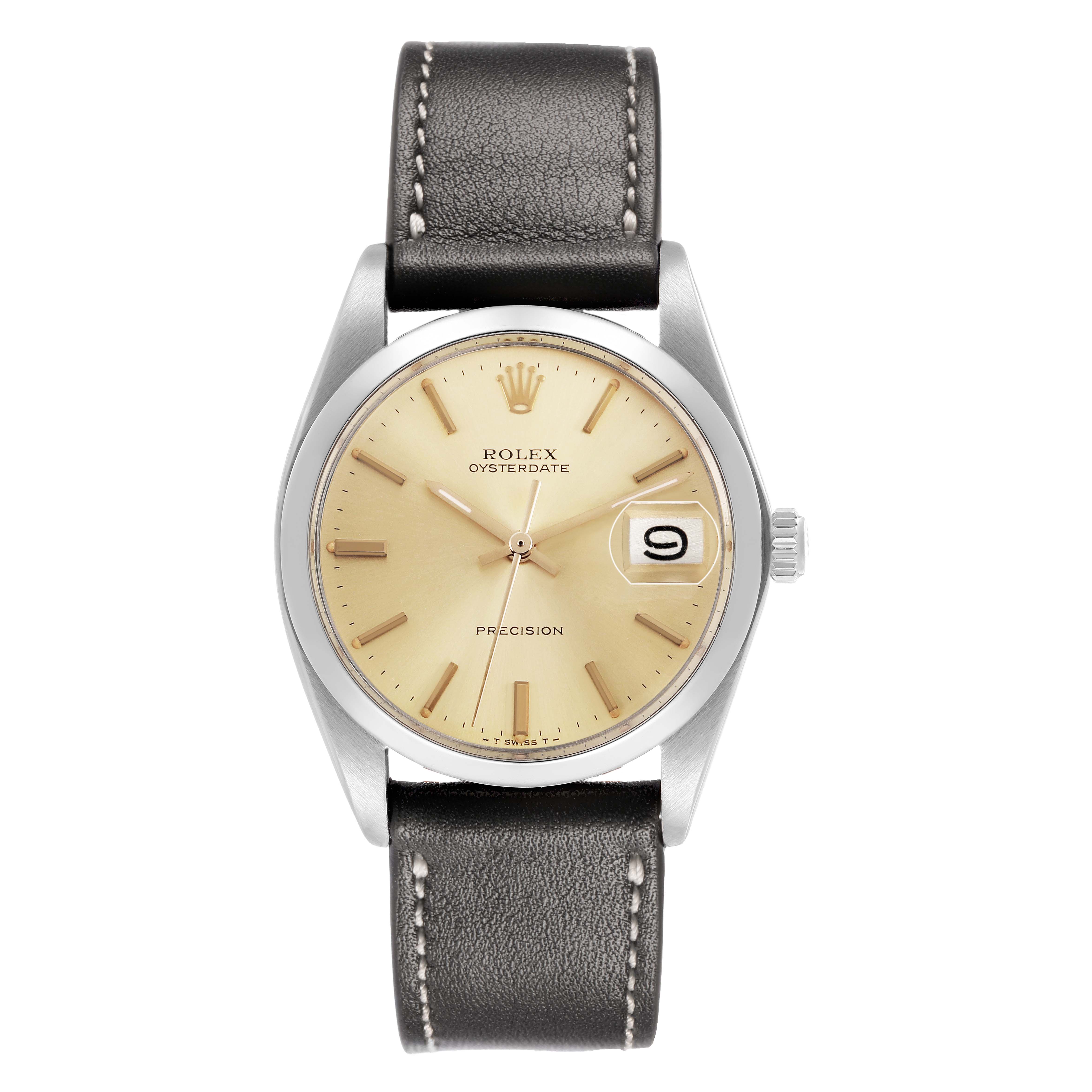 The Rolex Vintage Collection 6694 Men's Stainless Steel Champagne Dial watch is shown from the front, highlighting its beige dial, date window, and leather strap.