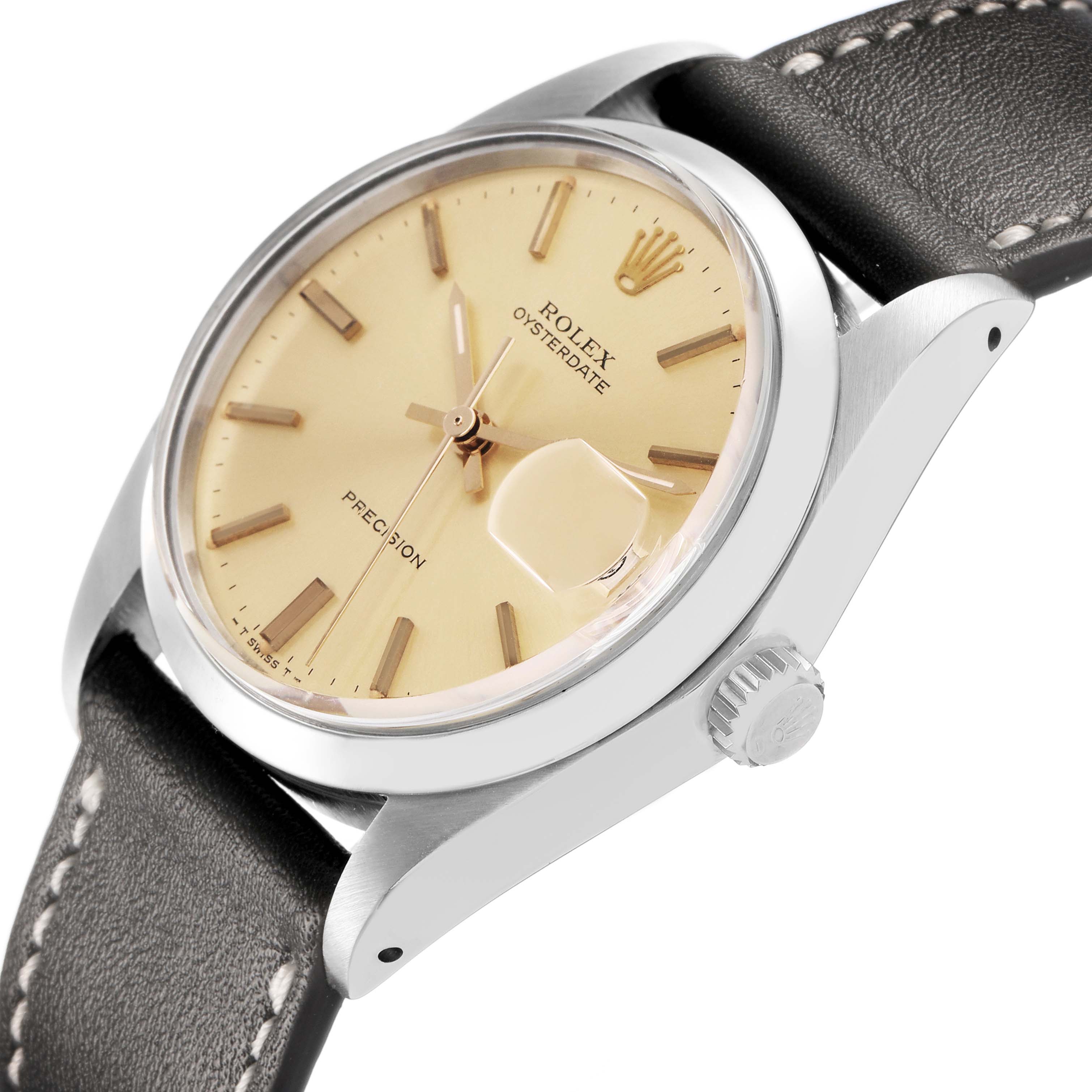 The Rolex Vintage Collection 6694 Men's Stainless Steel Champagne Dial model is shown at an angled side view displaying the dial, crown, and part of the leather strap.