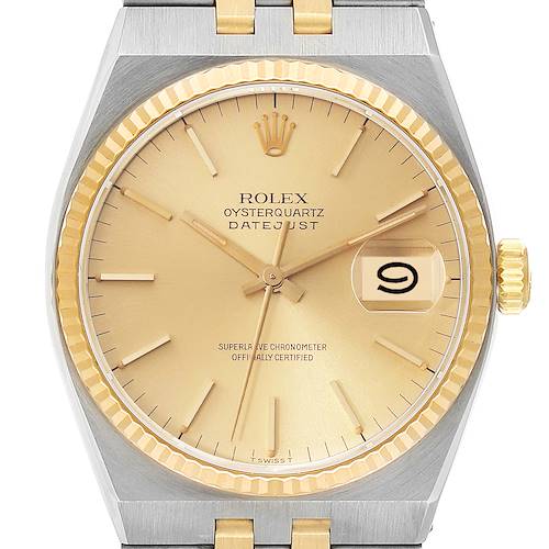 This image shows a front view of the watch face and part of the bracelet of the Rolex Oysterquartz Datejust model.