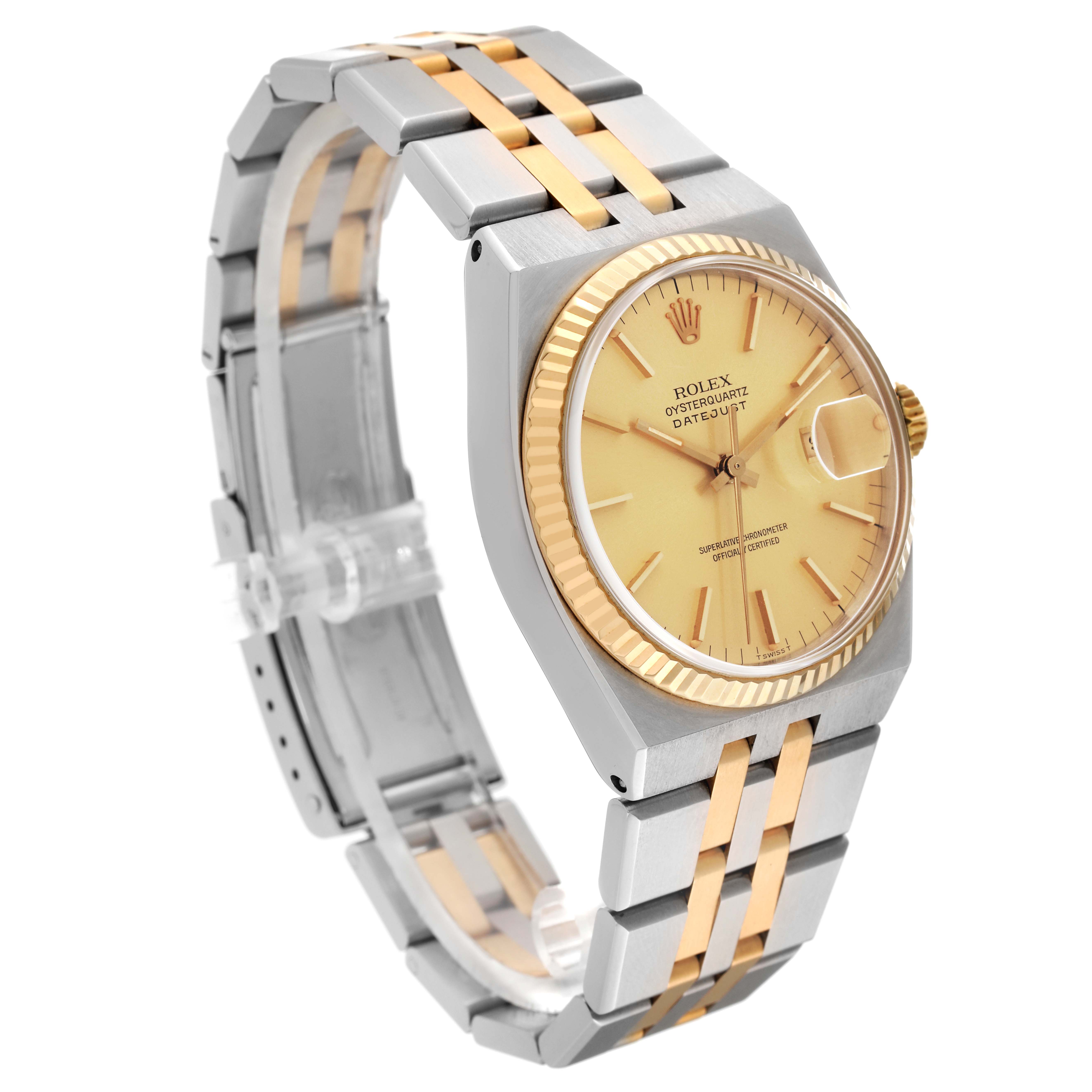 The Rolex Oysterquartz 17013 Men's Steel and Gold (two tone) Champagne Dial 17013 Men's Steel and Gold (two tone) Champagne Dial watch is shown at a three-quarter angle, featuring a gold dial and a two-tone bracelet.