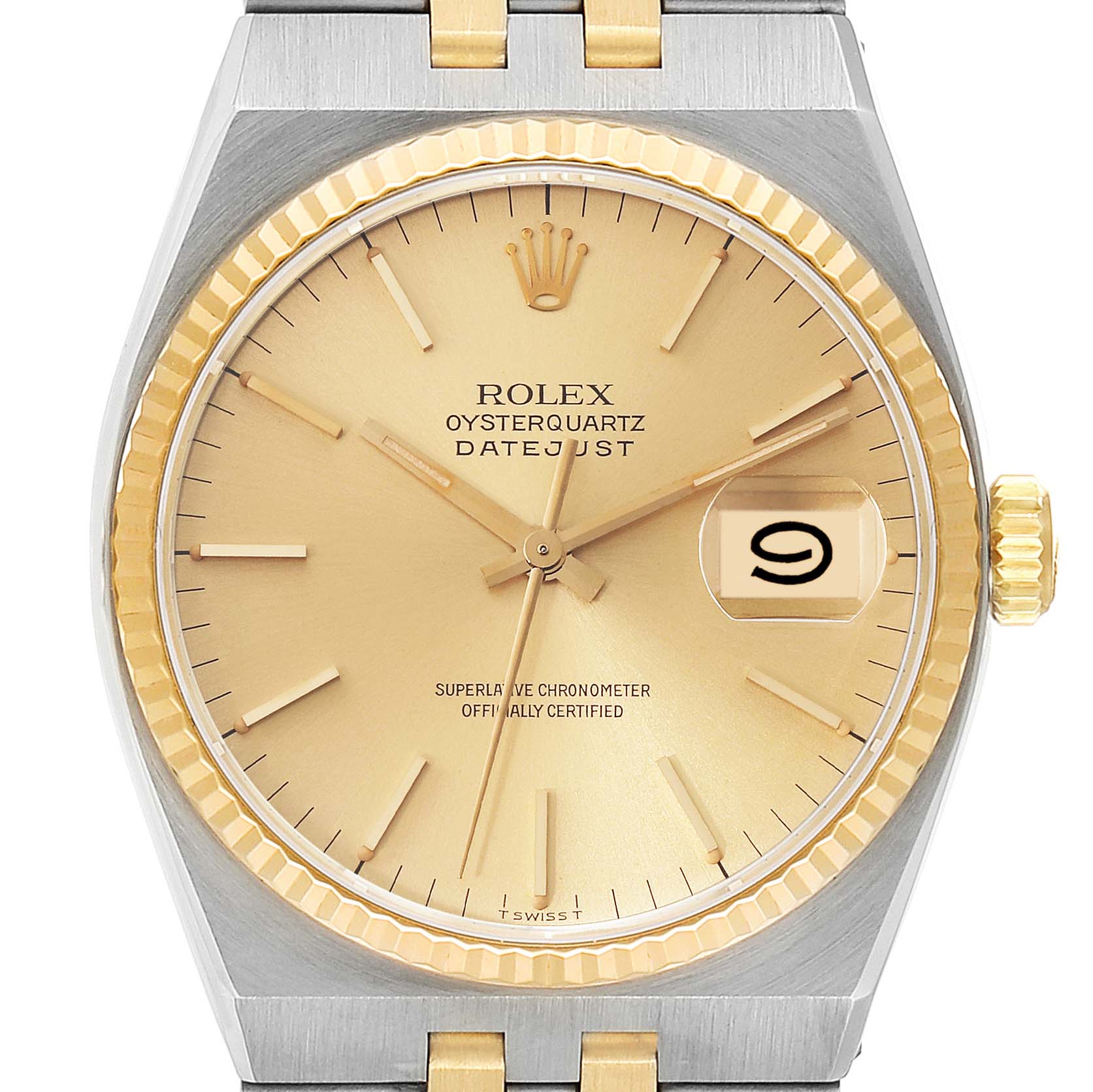 This image shows a front view of a Rolex Oysterquartz 17013 Men's Steel and Gold (two tone) Champagne Dial 17013 Men's Steel and Gold (two tone) Champagne Dial Datejust watch, featuring its dial, bezel, crown, and part of the bracelet.