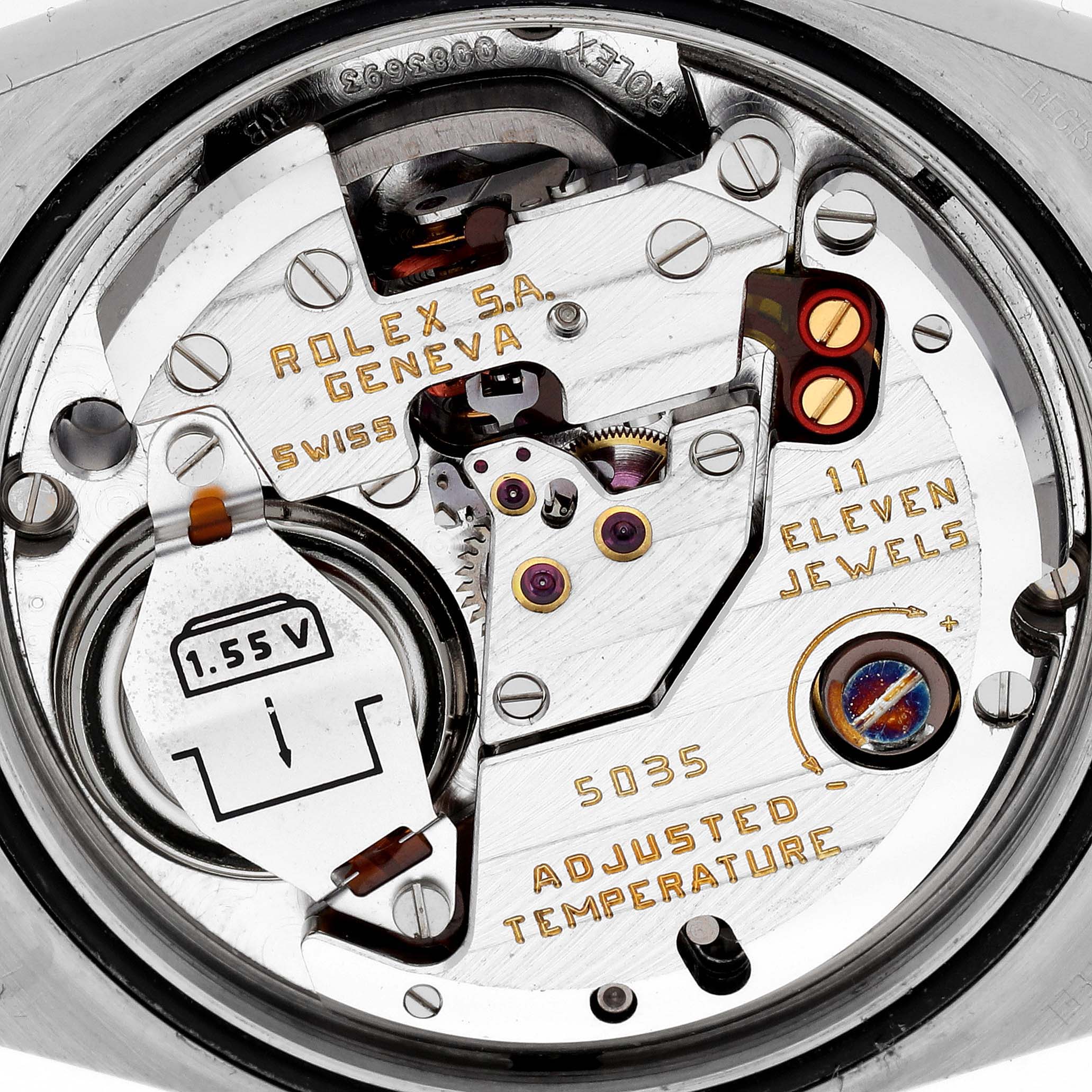 This image shows the internal mechanism and components of a Rolex Oysterquartz 17013 Men's Steel and Gold (two tone) Champagne Dial 17013 Men's Steel and Gold (two tone) Champagne Dial watch, viewed from the back.