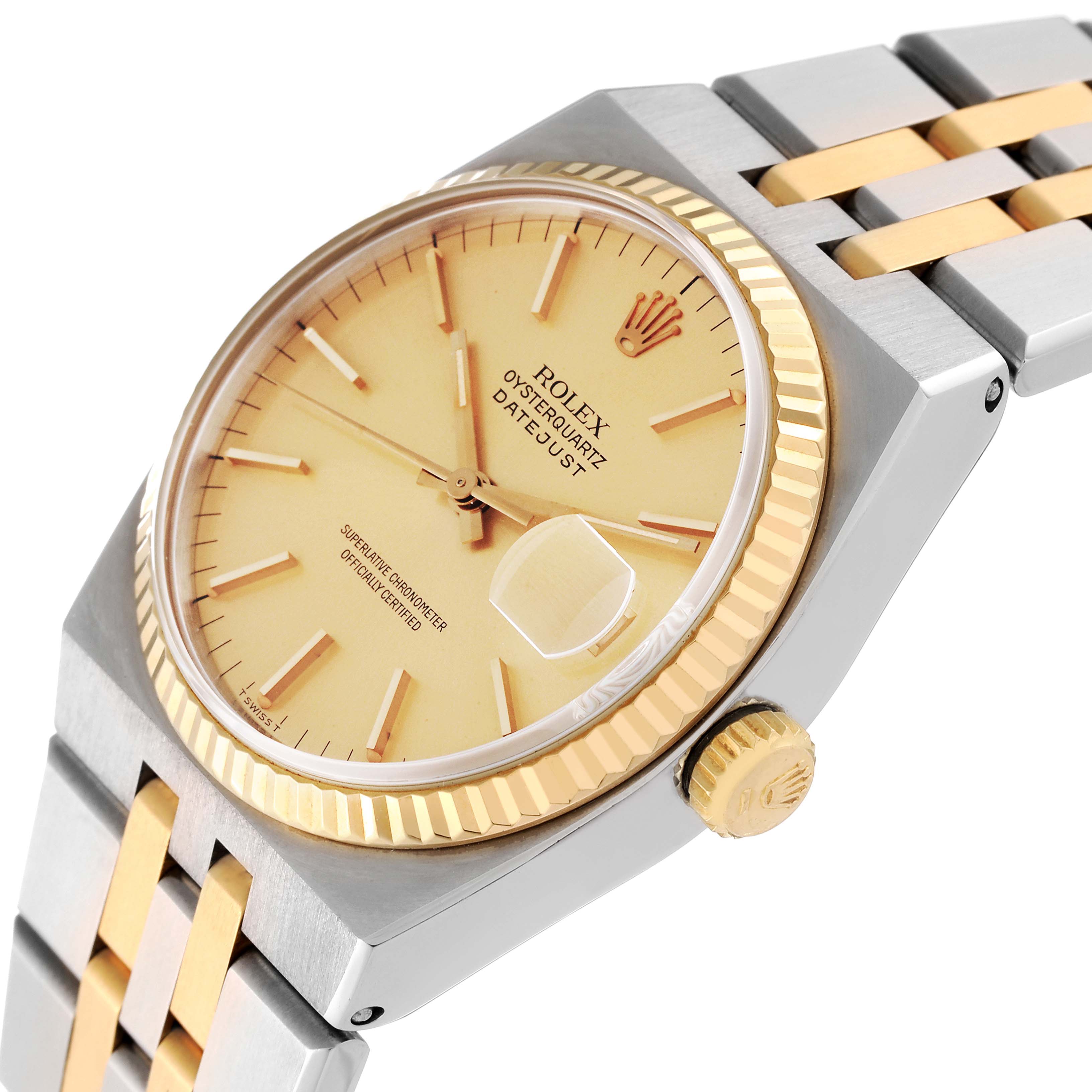 This image shows a close-up angle of a Rolex Oysterquartz 17013 Men's Steel and Gold (two tone) Champagne Dial 17013 Men's Steel and Gold (two tone) Champagne Dial watch, highlighting its dial, bezel, crown, and bracelet.