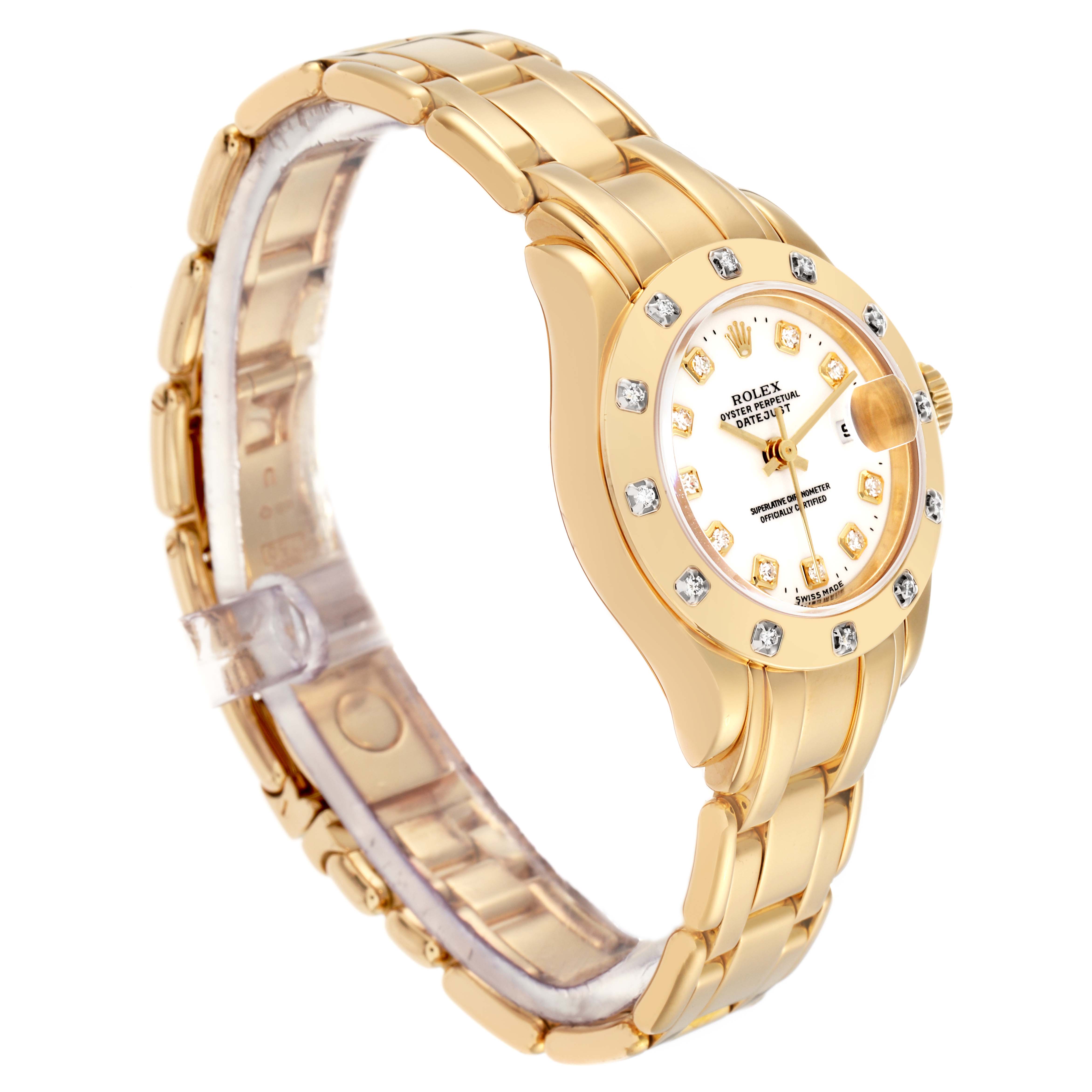 The Rolex Pearlmaster model 69318 is shown at a slight angle, revealing the gold bracelet, diamond bezel, and white dial with diamond hour markers and a date window.