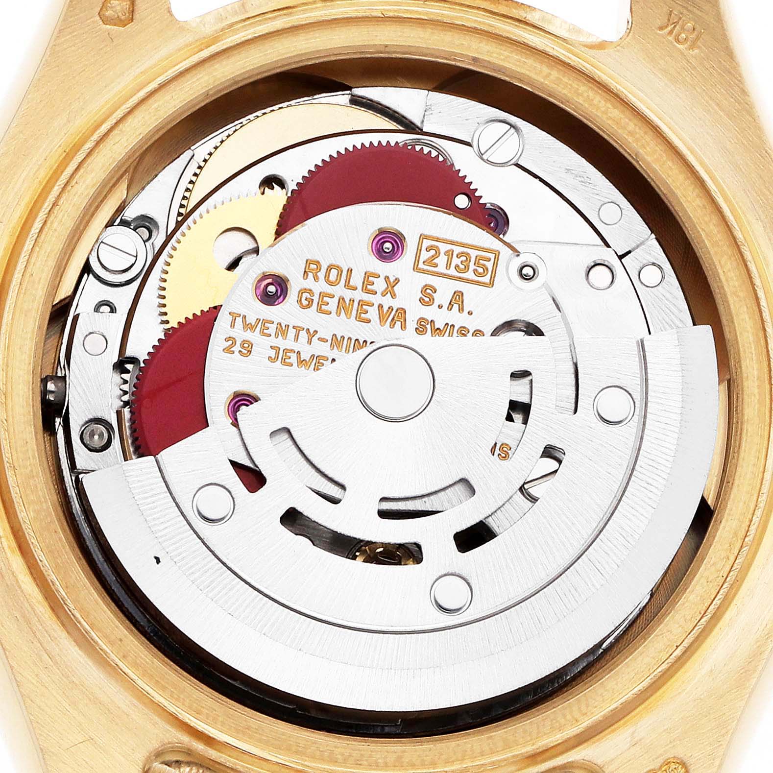 The image shows the movement mechanism of the Rolex Pearlmaster model 69318, highlighting the intricate gears and rotor from a top-down angle.