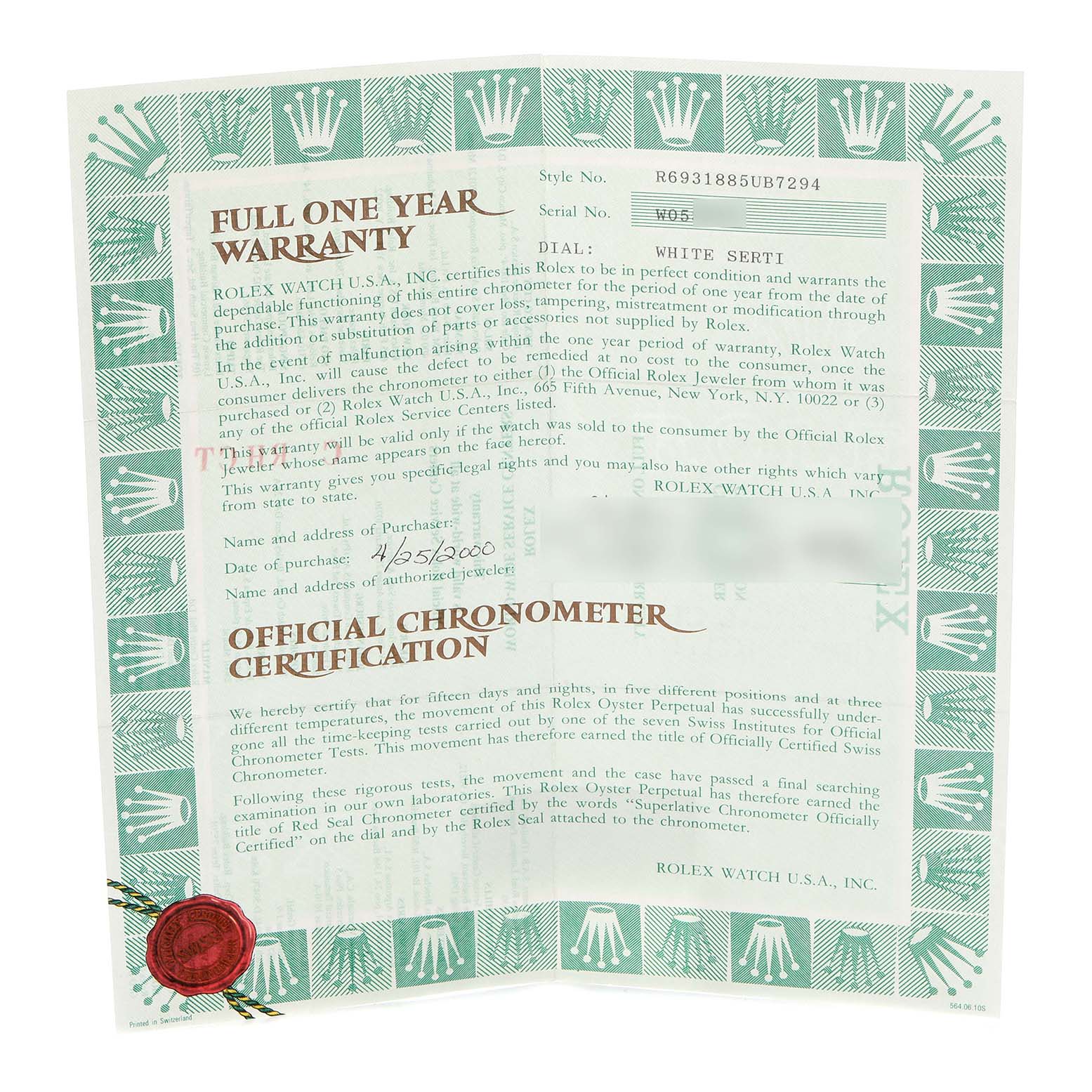 The image shows a warranty document for the Rolex Pearlmaster model, model number 69318, with branding and certification details.