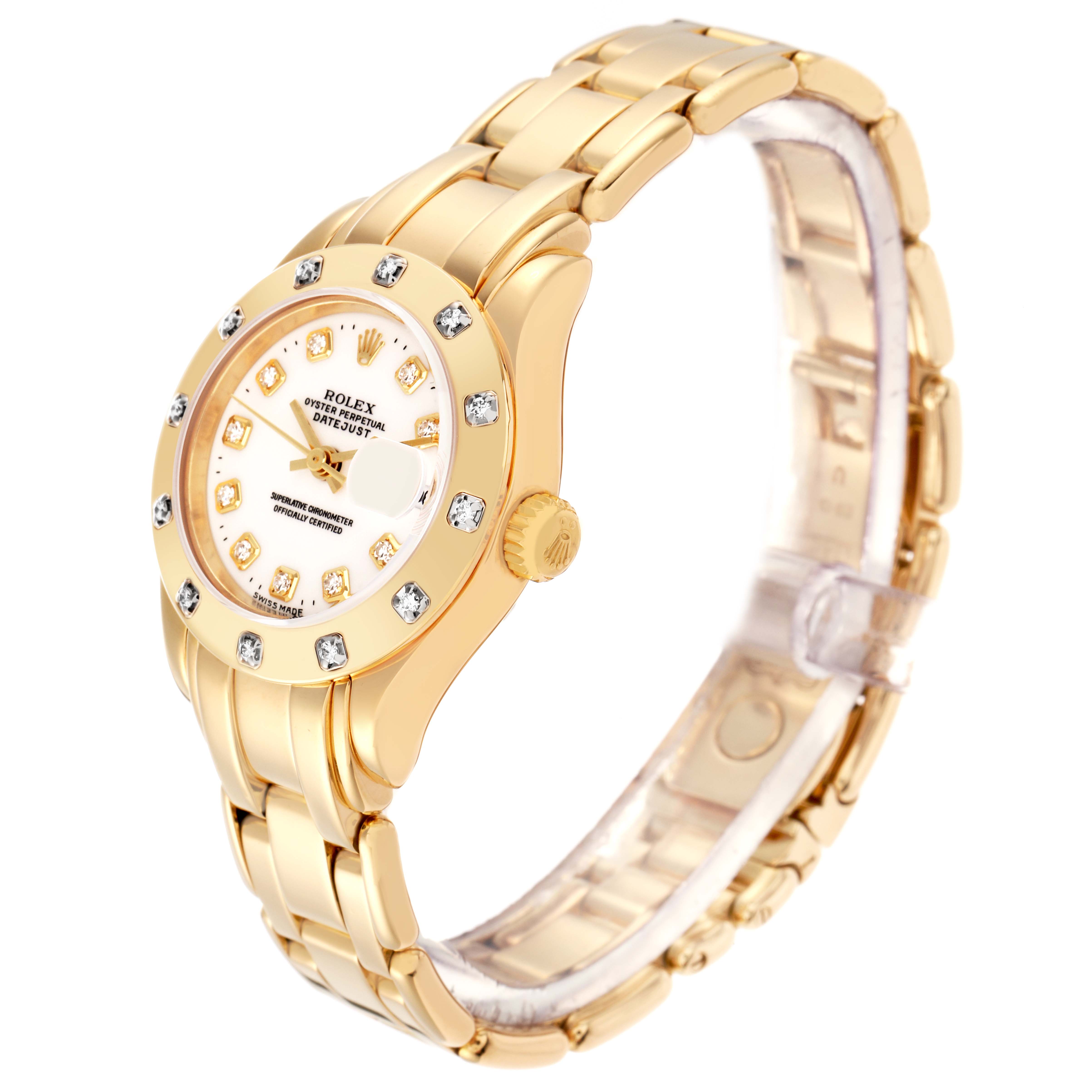 The Rolex Pearlmaster model 69318 is shown at a slight angle displaying the dial, bezel, crown, and part of the bracelet.