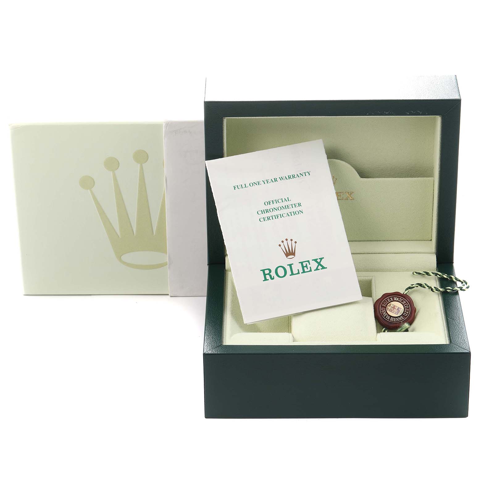 The image shows the packaging and accessories for a Rolex Pearlmaster model 69318 men's watch, including the box, warranty card, and chronometer certification.