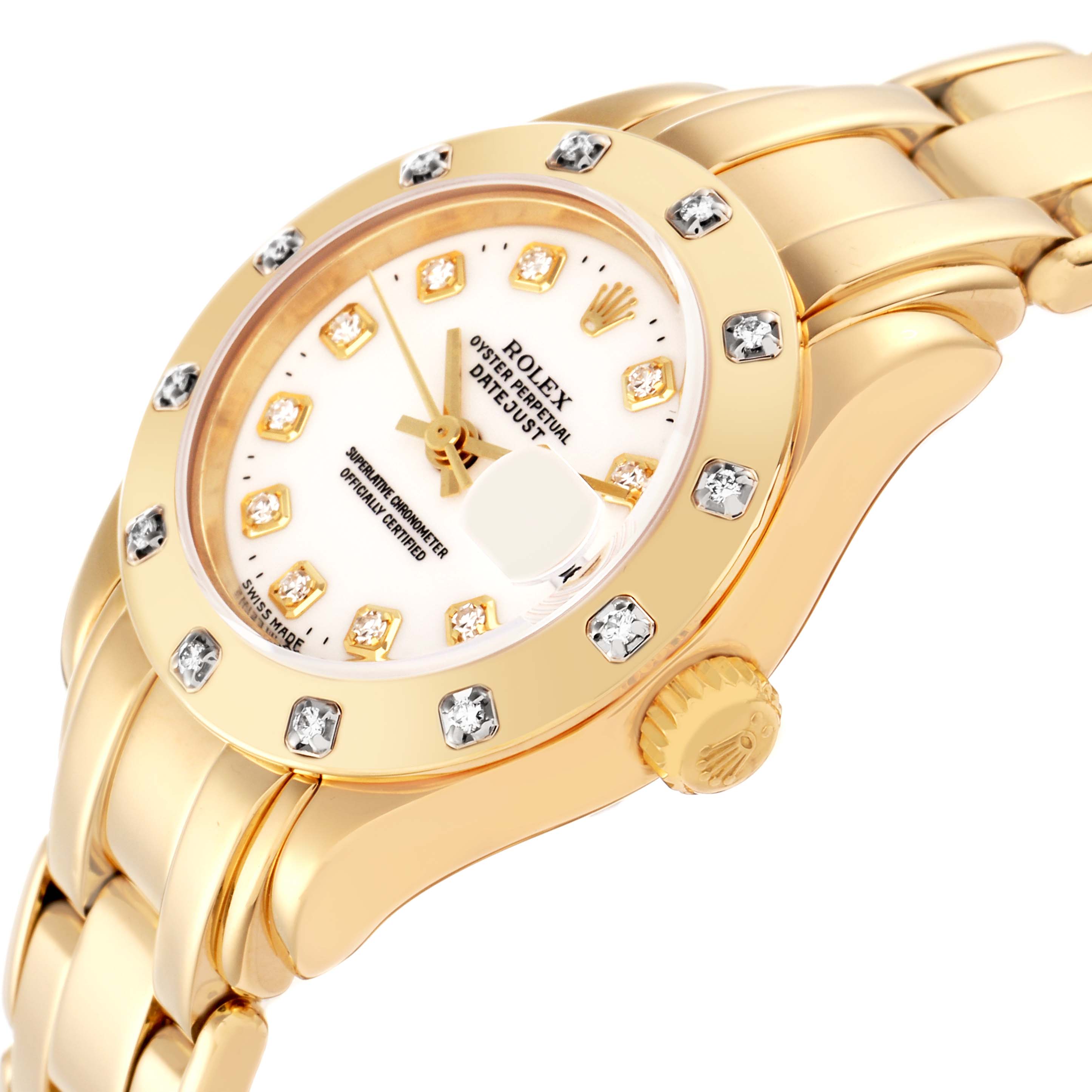 The Rolex Pearlmaster model 69318 is shown at an angled top-side view, highlighting the gold bracelet, diamond bezel, crown, and part of the dial.