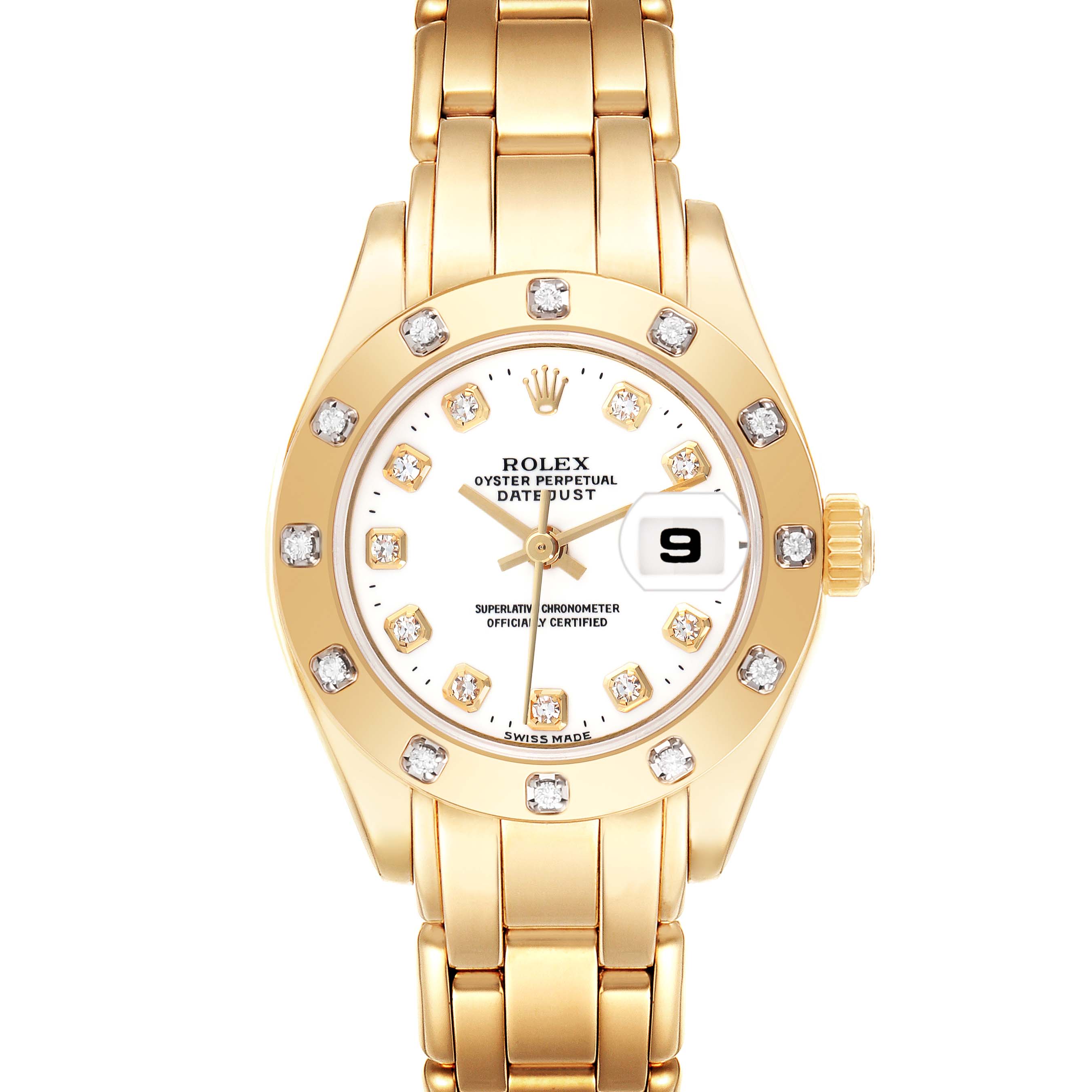 The Rolex Pearlmaster model 69318 men's watch is shown from a top-down angle, highlighting its face, bezel with diamond accents, and part of the bracelet.