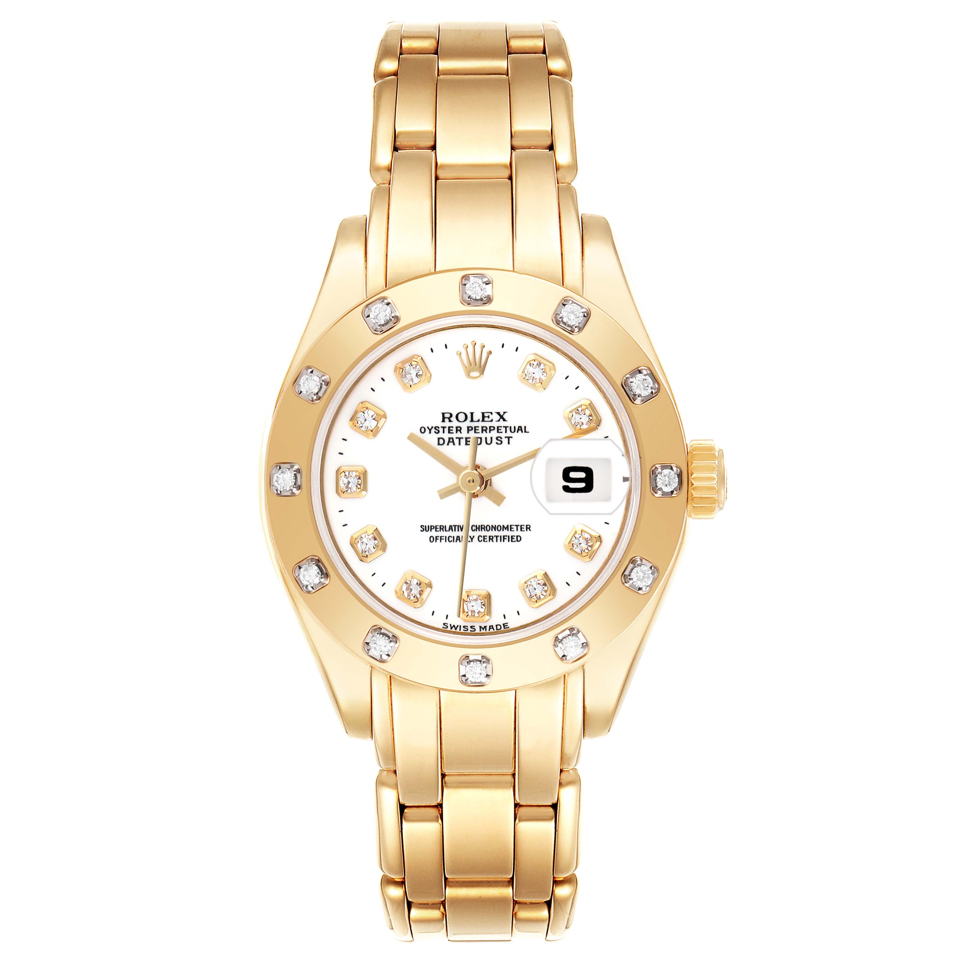 The Rolex Pearlmaster model 69318 men's watch is shown from a top view, highlighting its gold bracelet, diamond-set bezel, and white dial with a date feature.