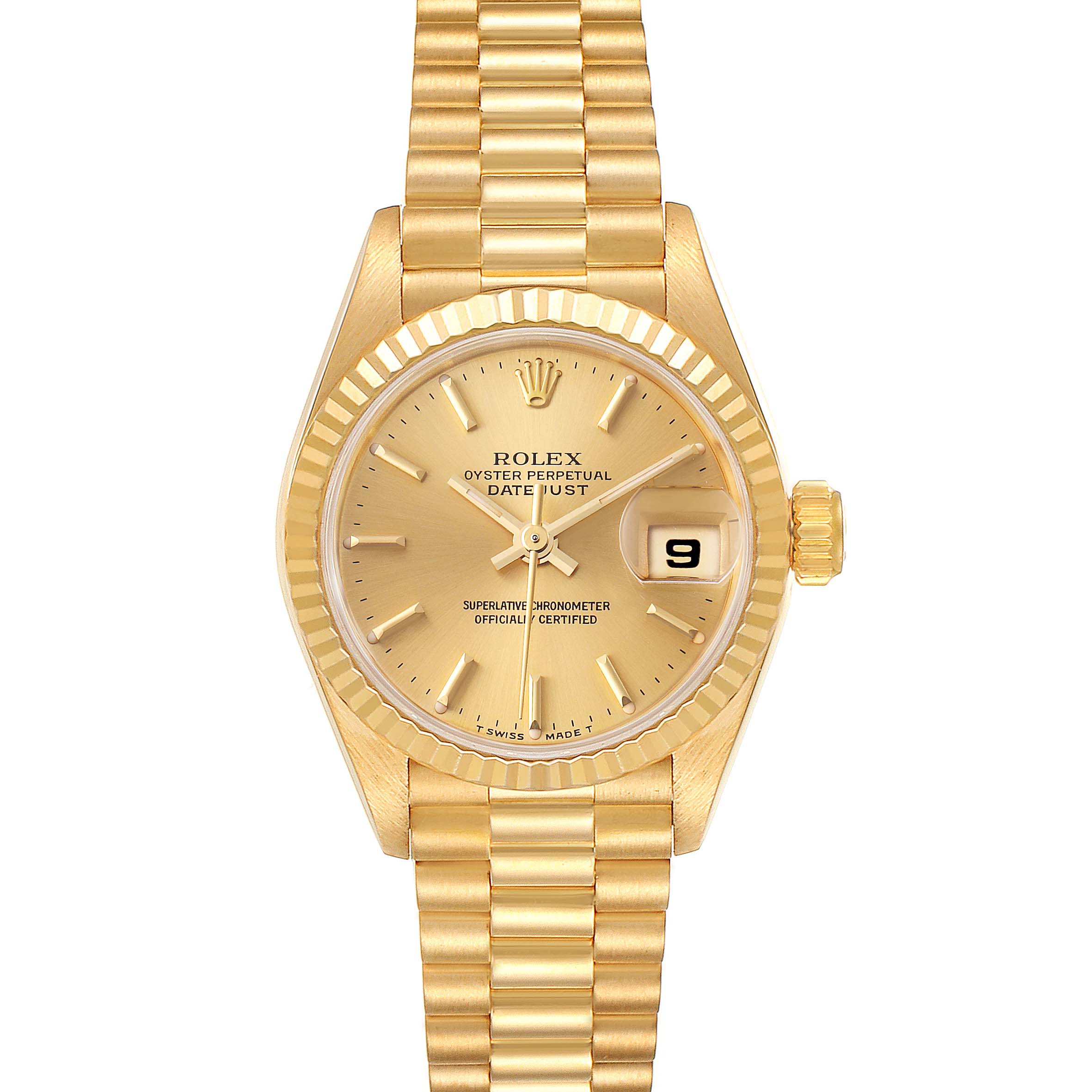 The image shows a front view of the Rolex President 69178 Women's Yellow Gold Champagne Dial 69178 Women's Yellow Gold Champagne Dial Datejust watch, highlighting its dial, bezel, crown, and bracelet.