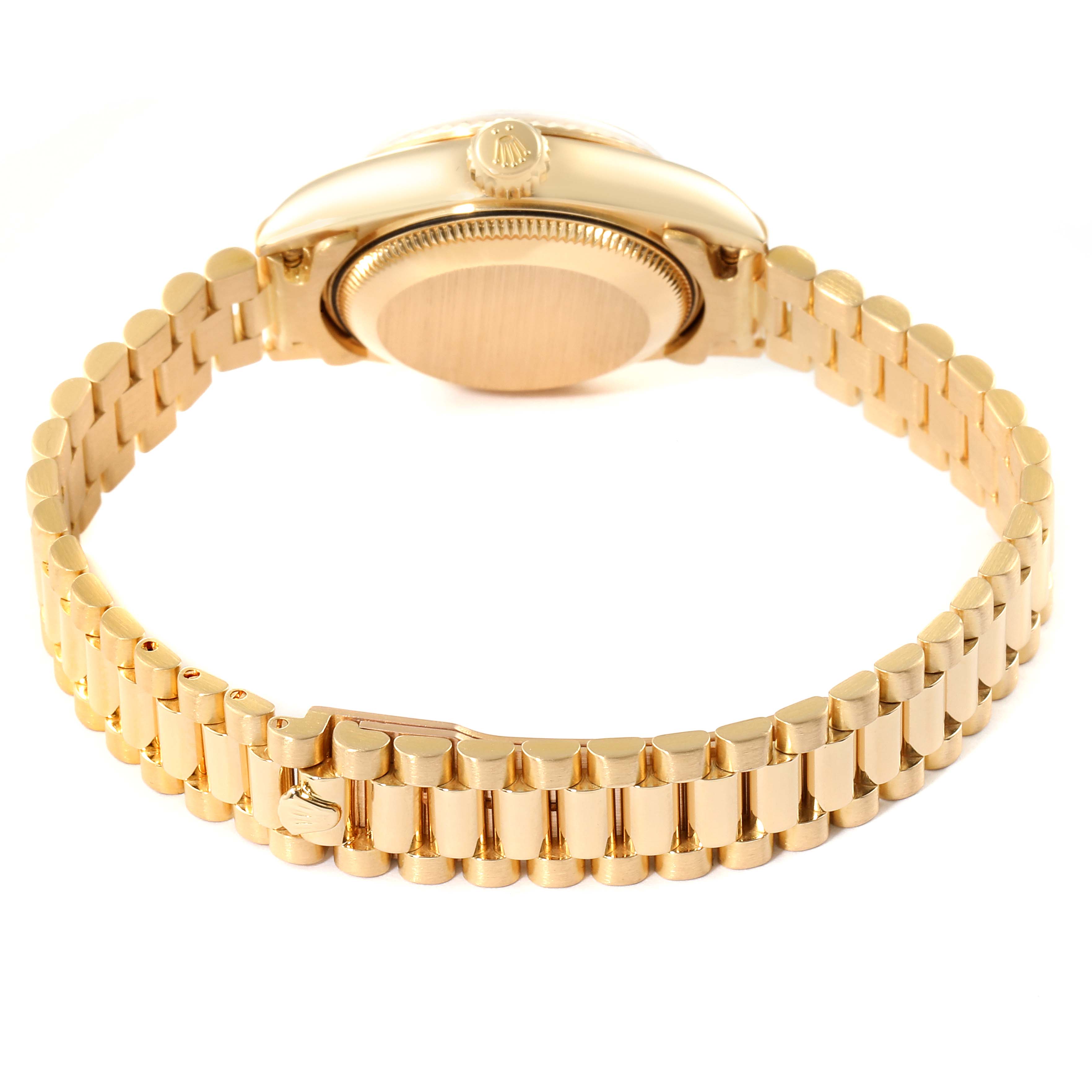 This image shows the back case and bracelet of a Rolex President 69178 Women's Yellow Gold Champagne Dial 69178 Women's Yellow Gold Champagne Dial model watch from a rear angle.