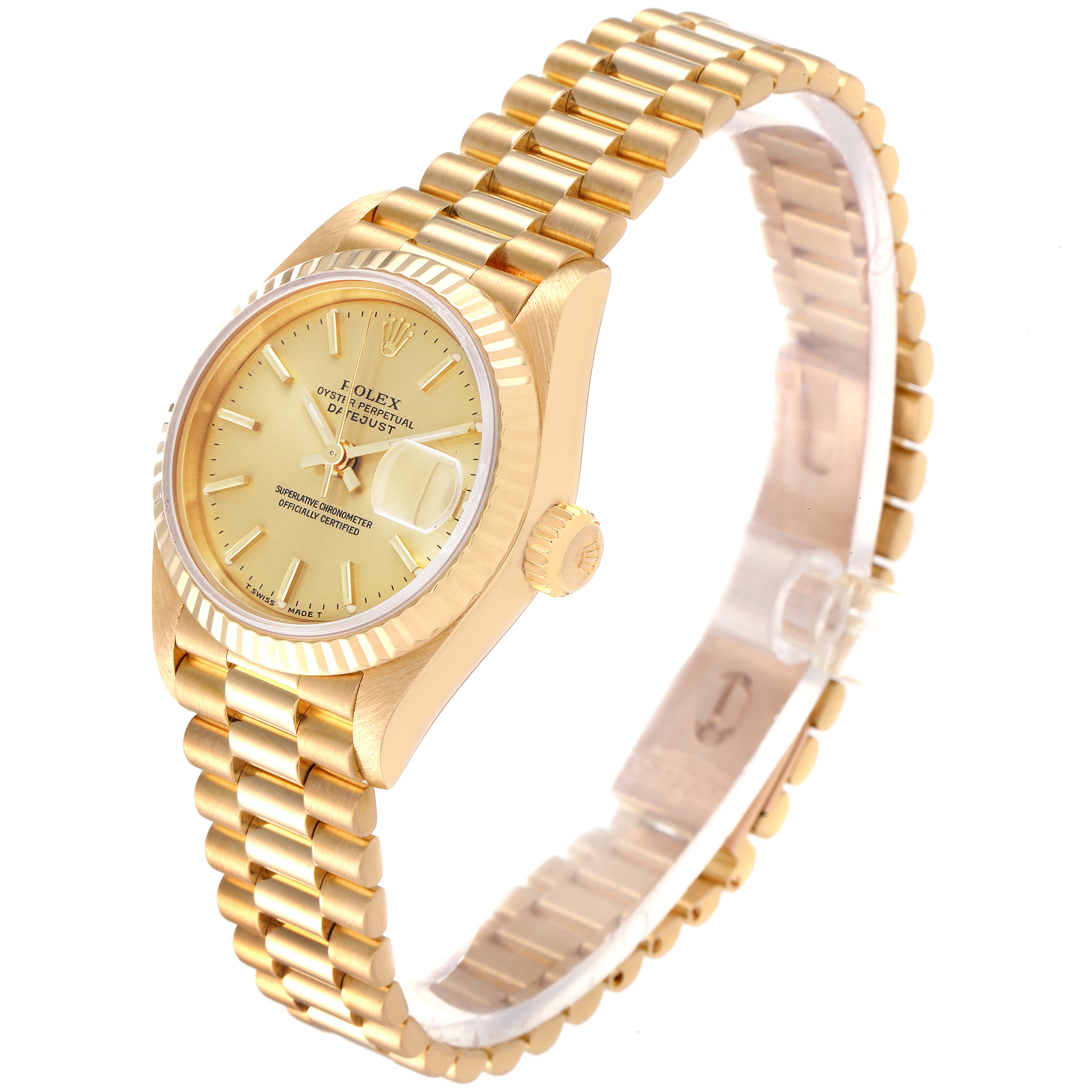 This image shows a Rolex President 69178 Women's Yellow Gold Champagne Dial 69178 Women's Yellow Gold Champagne Dial model watch from an angle highlighting the watch face, bezel, crown, and bracelet.