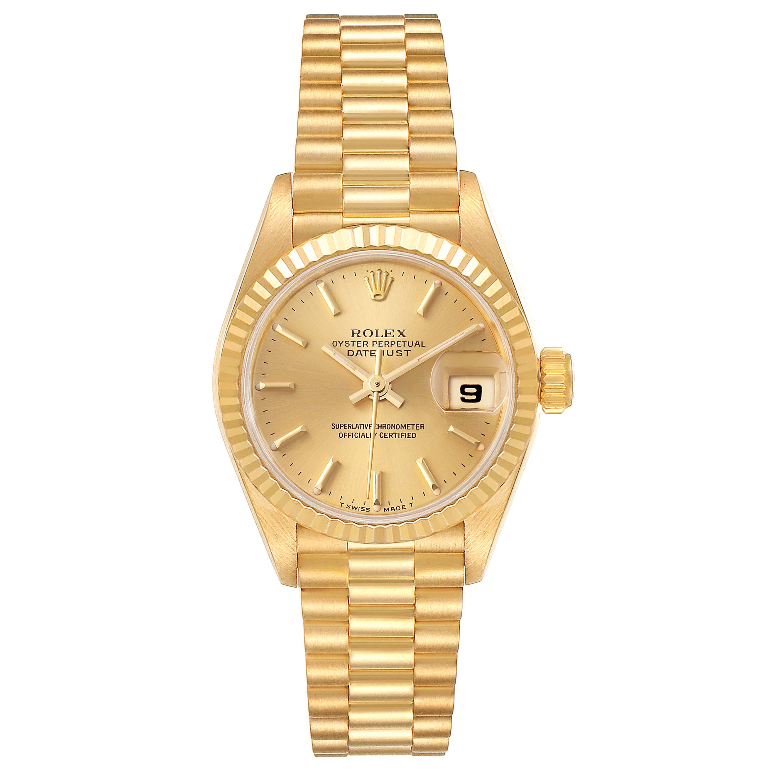 This is a front view of the Rolex President 69178 Women's Yellow Gold Champagne Dial 69178 Women's Yellow Gold Champagne Dial Model, showing the dial, bracelet, and date window.