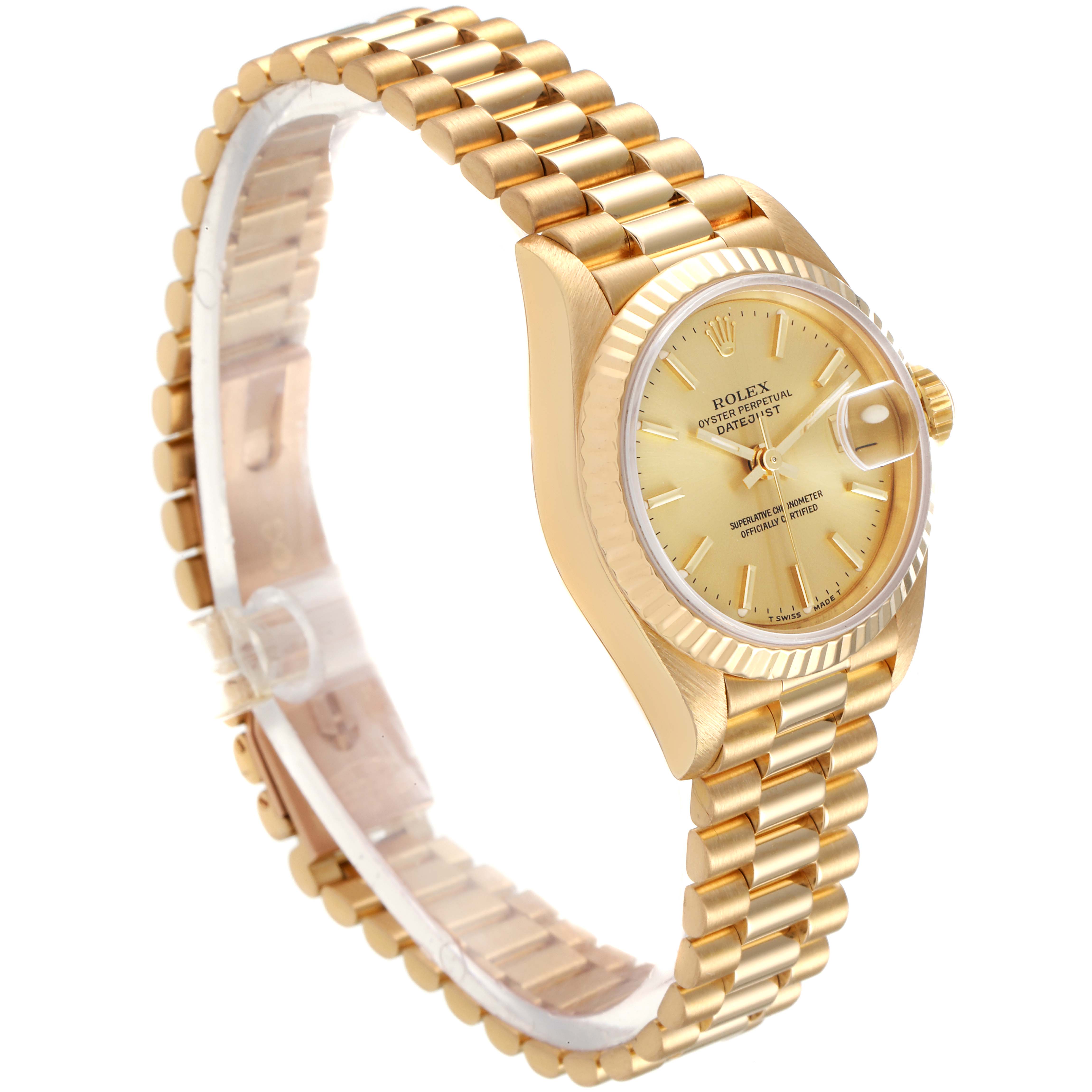 This image shows a side and front view of a Rolex President 69178 Women's Yellow Gold Champagne Dial 69178 Women's Yellow Gold Champagne Dial model watch, highlighting its gold bracelet and face.