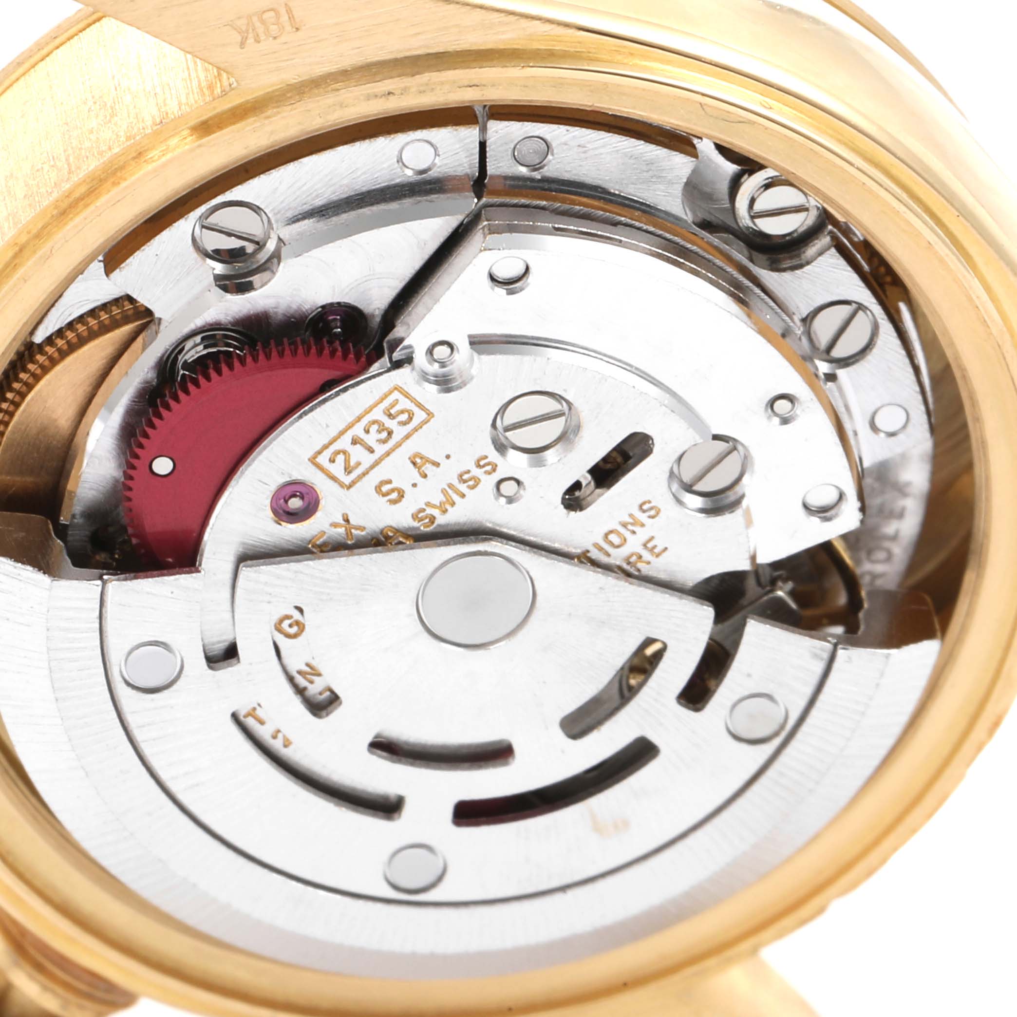 The image shows the internal mechanism of a Rolex President 69178 Women's Yellow Gold Champagne Dial 69178 Women's Yellow Gold Champagne Dial model watch, viewed from the back.