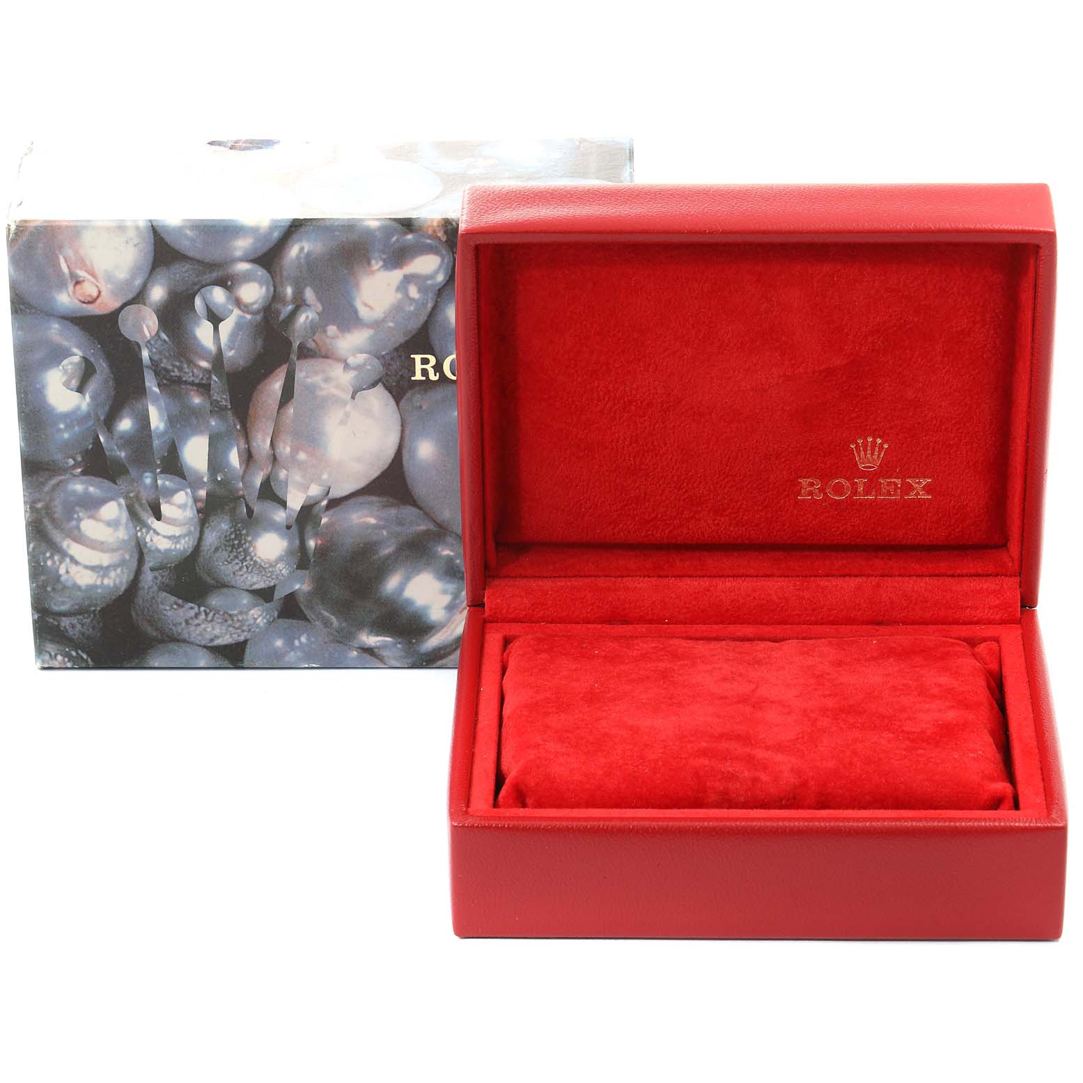This image shows a Rolex President 69178 Women's Yellow Gold Champagne Dial 69178 Women's Yellow Gold Champagne Dial model watch box with a red interior and an outer box with a pearl-like design.