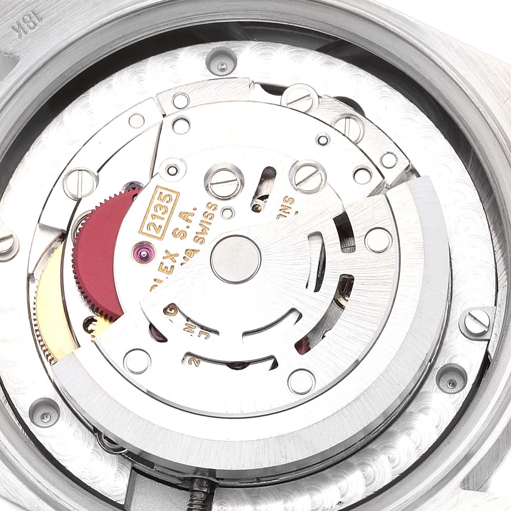 The image shows the internal mechanism of a Rolex President 68279 Women's White Gold Silver Dial 68279 Women's White Gold Silver Dial model watch from a close-up, overhead angle.