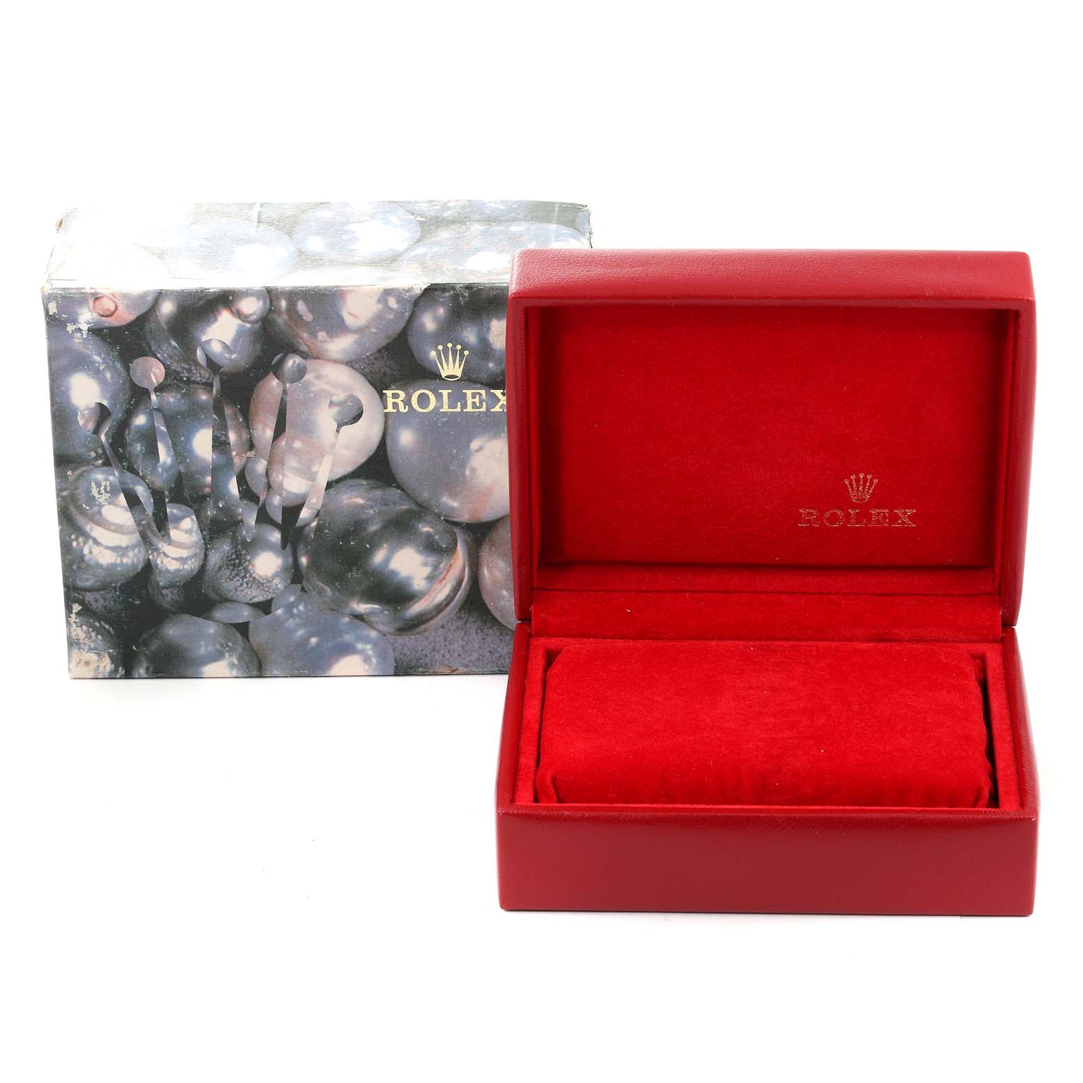 The image shows an empty red Rolex President 68279 Women's White Gold Silver Dial 68279 Women's White Gold Silver Dial watch box and its outer decorative box.