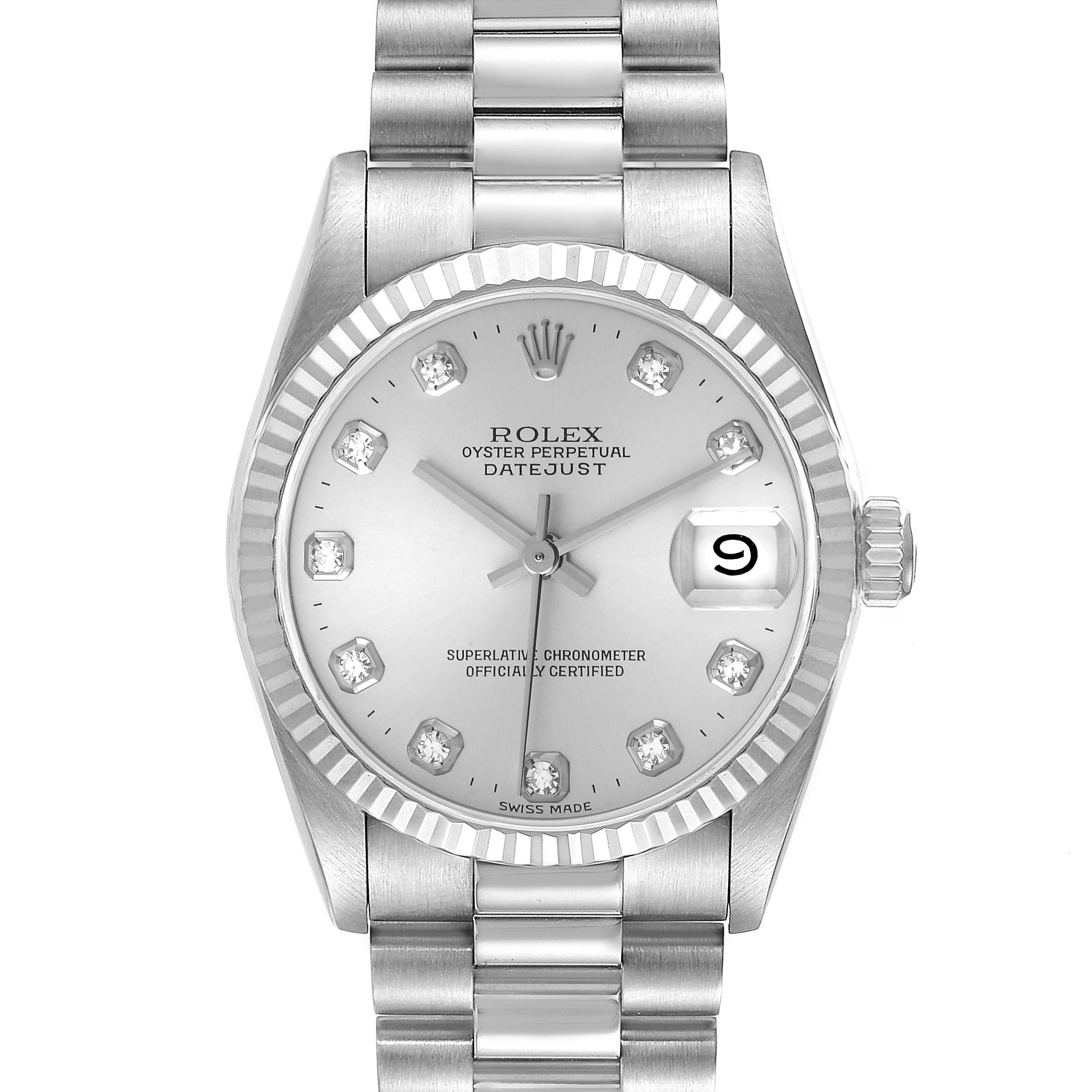 The image shows a front view of a Rolex President 68279 Women's White Gold Silver Dial 68279 Women's White Gold Silver Dial Datejust watch including the face, bezel, dial, and part of the bracelet.