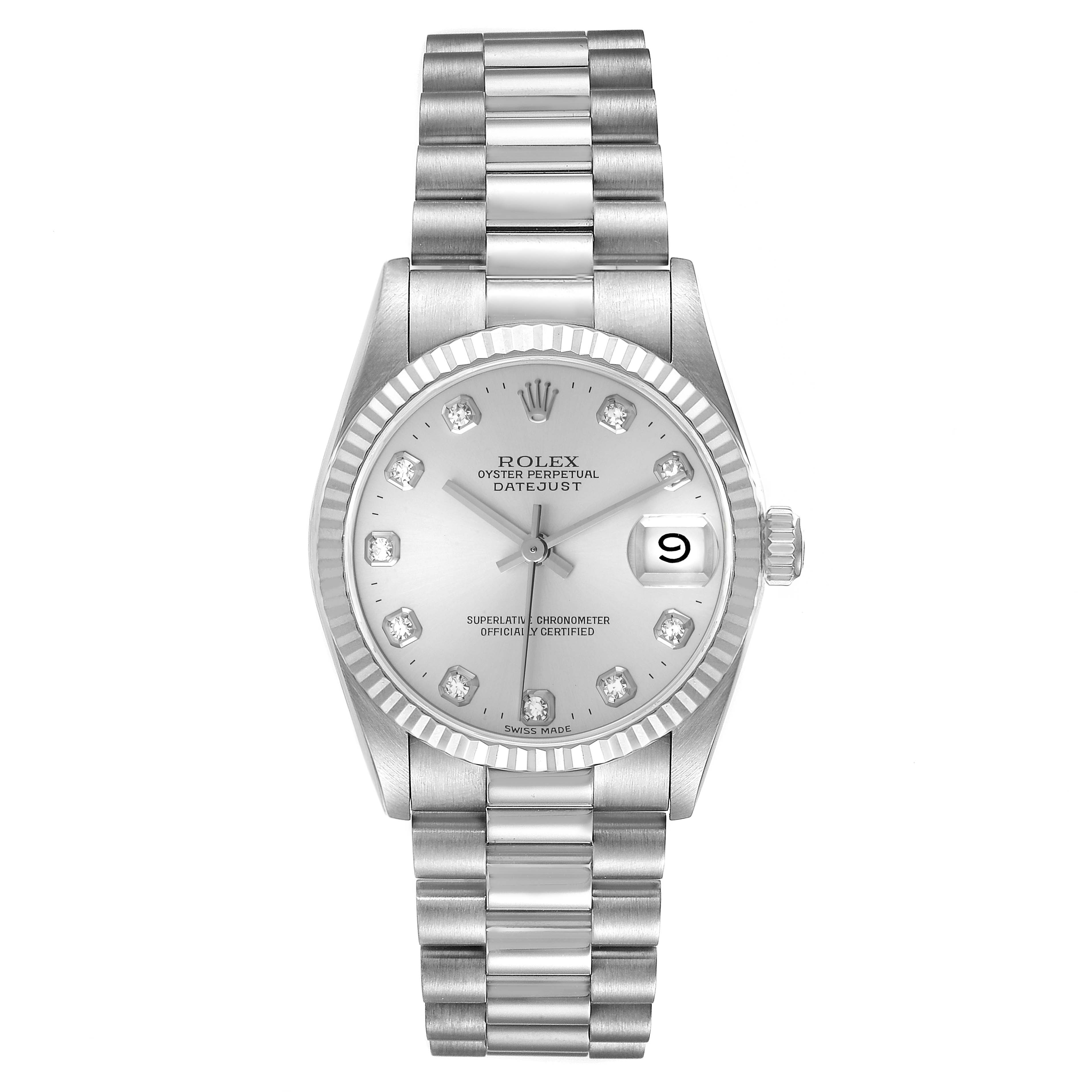 The image shows a front view of the Rolex President 68279 Women's White Gold Silver Dial 68279 Women's White Gold Silver Dial watch, displaying the dial, bezel, bracelet, and date window.