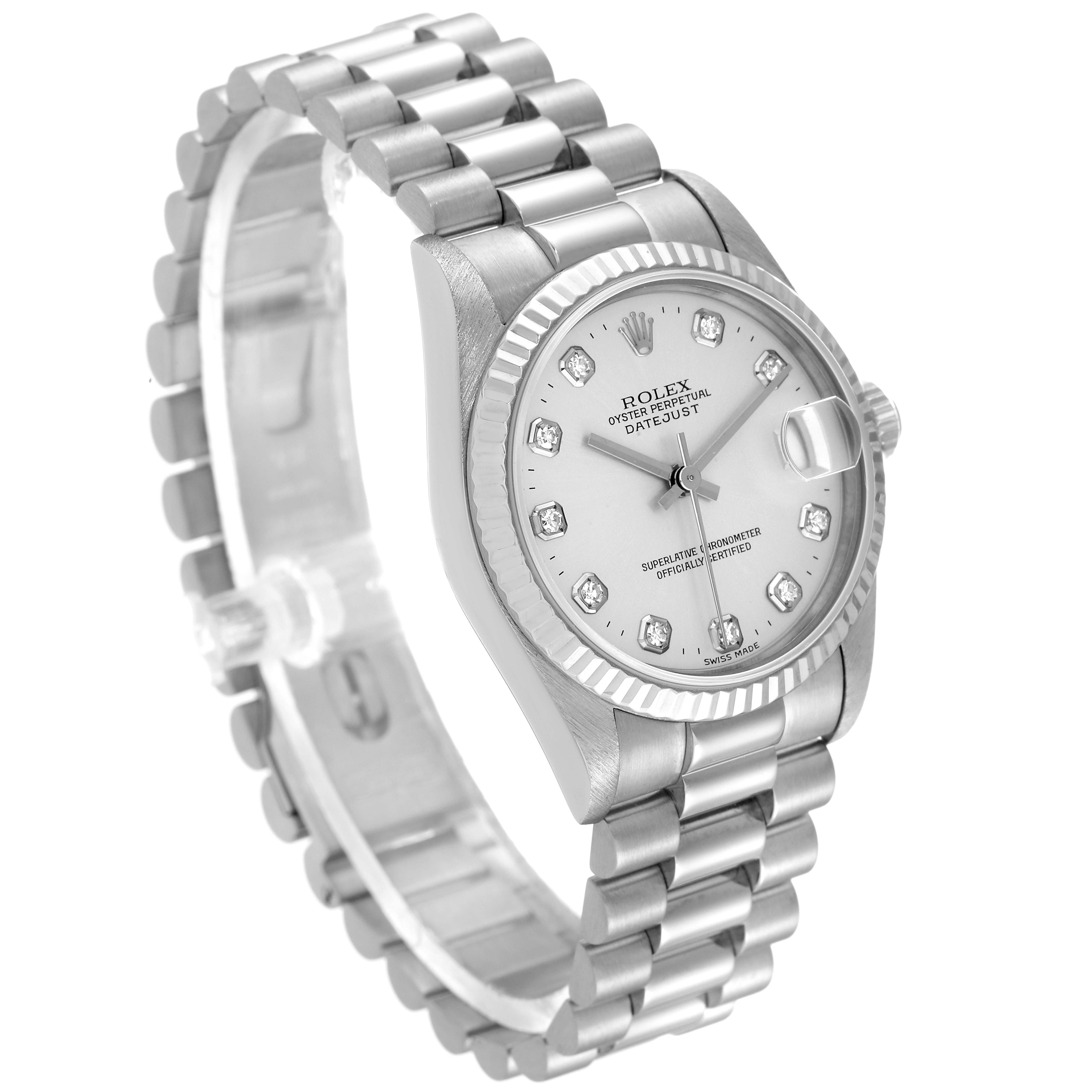 The image shows a Rolex President 68279 Women's White Gold Silver Dial 68279 Women's White Gold Silver Dial model watch angled slightly from the side, highlighting the bracelet, dial, and bezel.