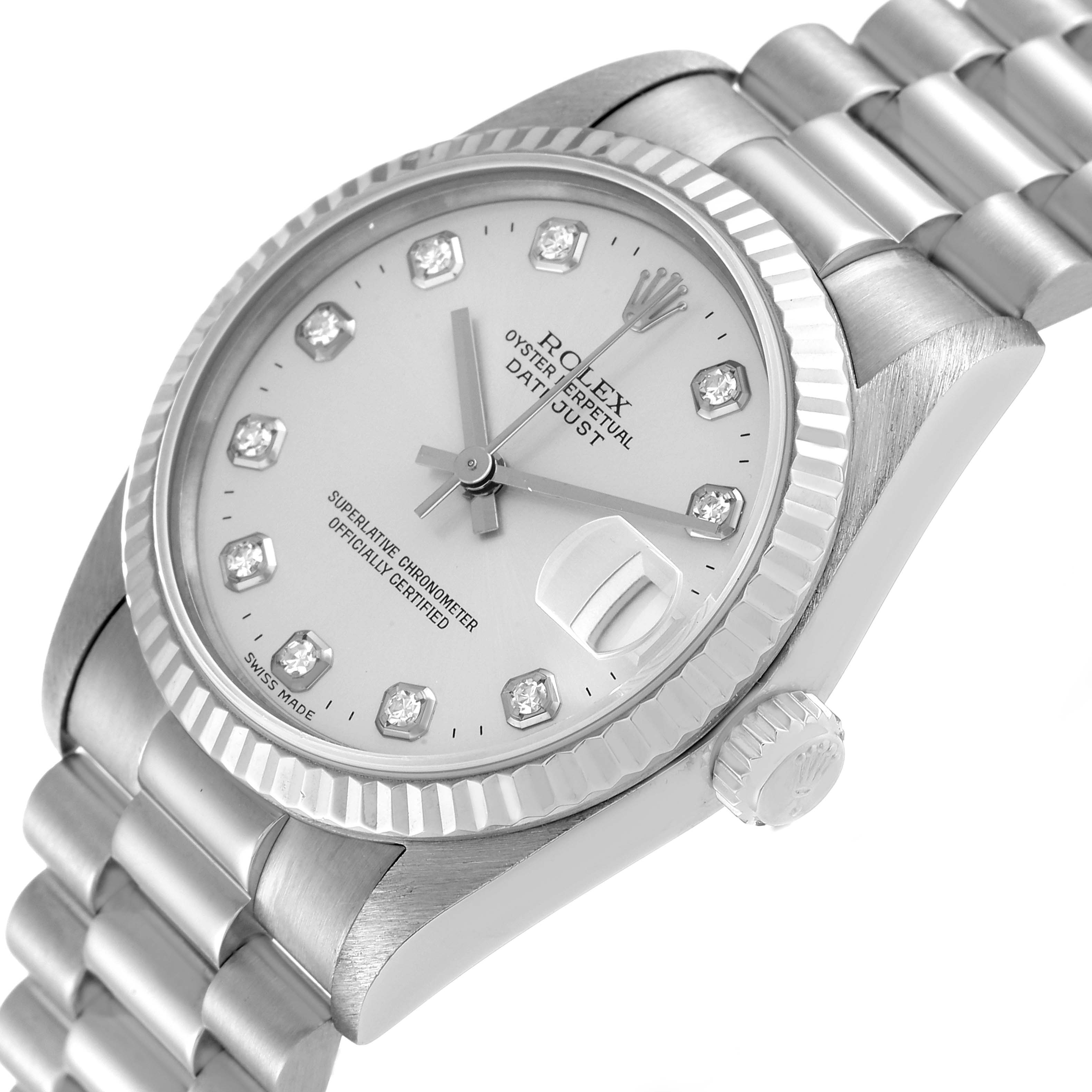The image shows an angled view of a Rolex President 68279 Women's White Gold Silver Dial 68279 Women's White Gold Silver Dial model, highlighting the face, crown, and part of the bracelet.
