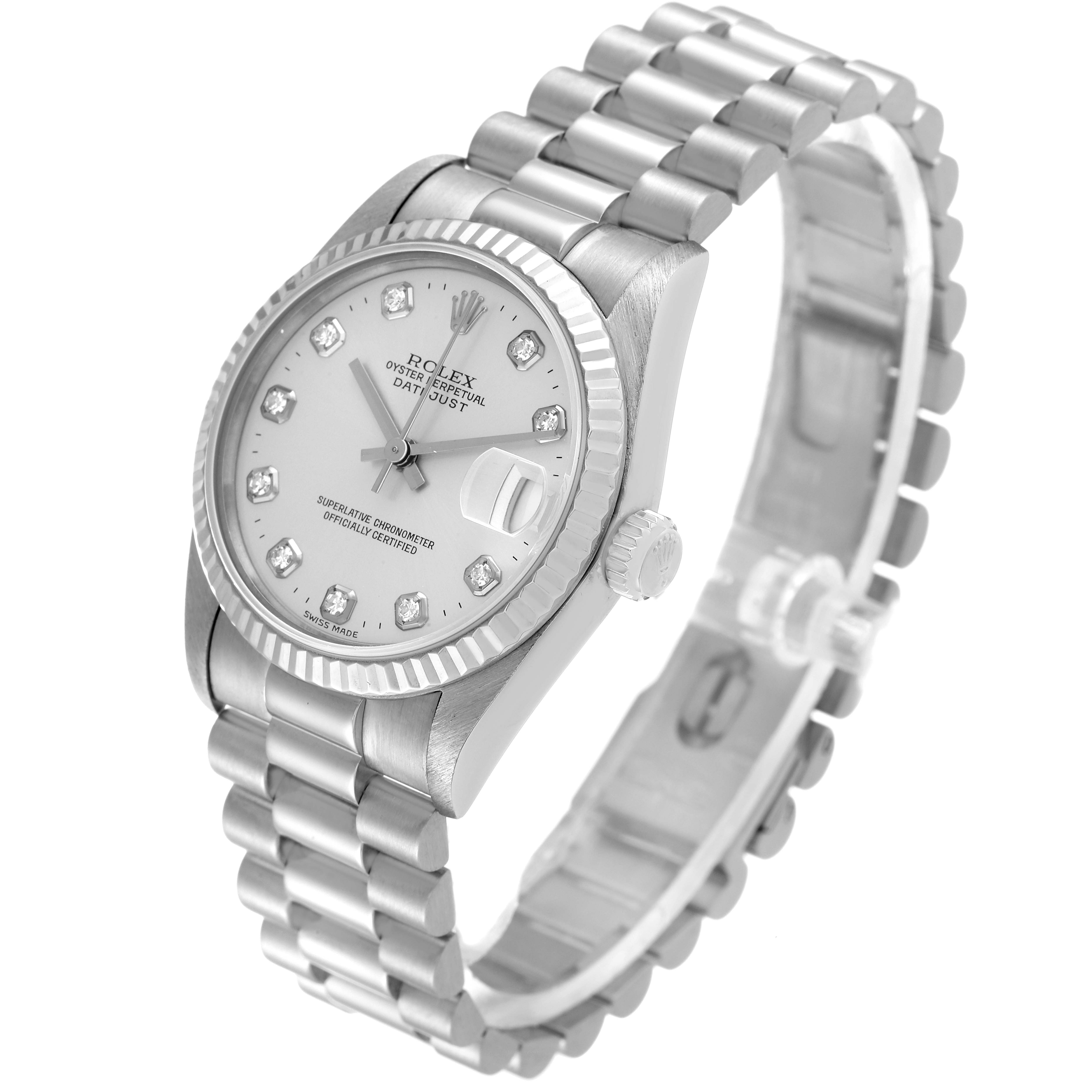 The Rolex President 68279 Women's White Gold Silver Dial 68279 Women's White Gold Silver Dial watch is shown at a slight angle, displaying the bracelet, face, crown, and bezel.