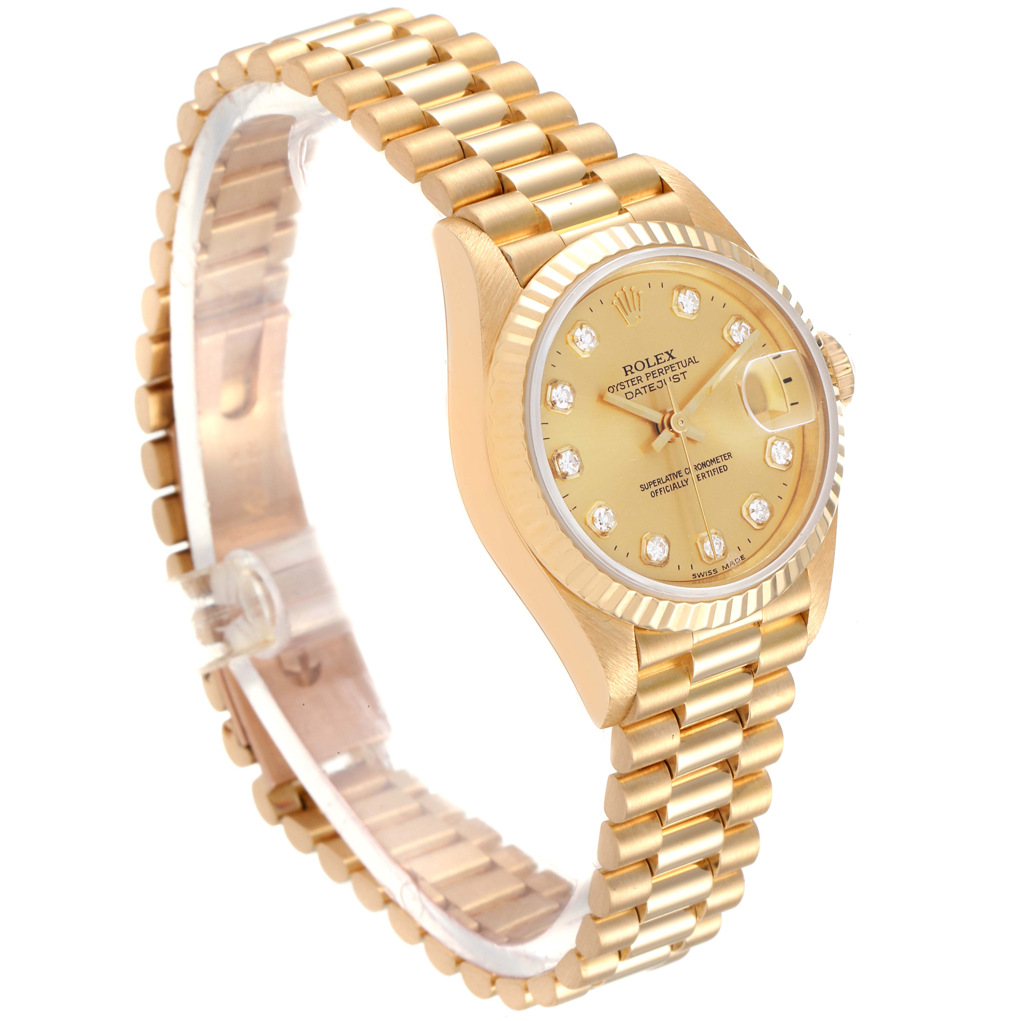 A Rolex President 69178 Women's Yellow Gold Champagne Dial 69178 Women's Yellow Gold Champagne Dial watch is shown at a slight angle, displaying the band, bezel, dial, and watch face.