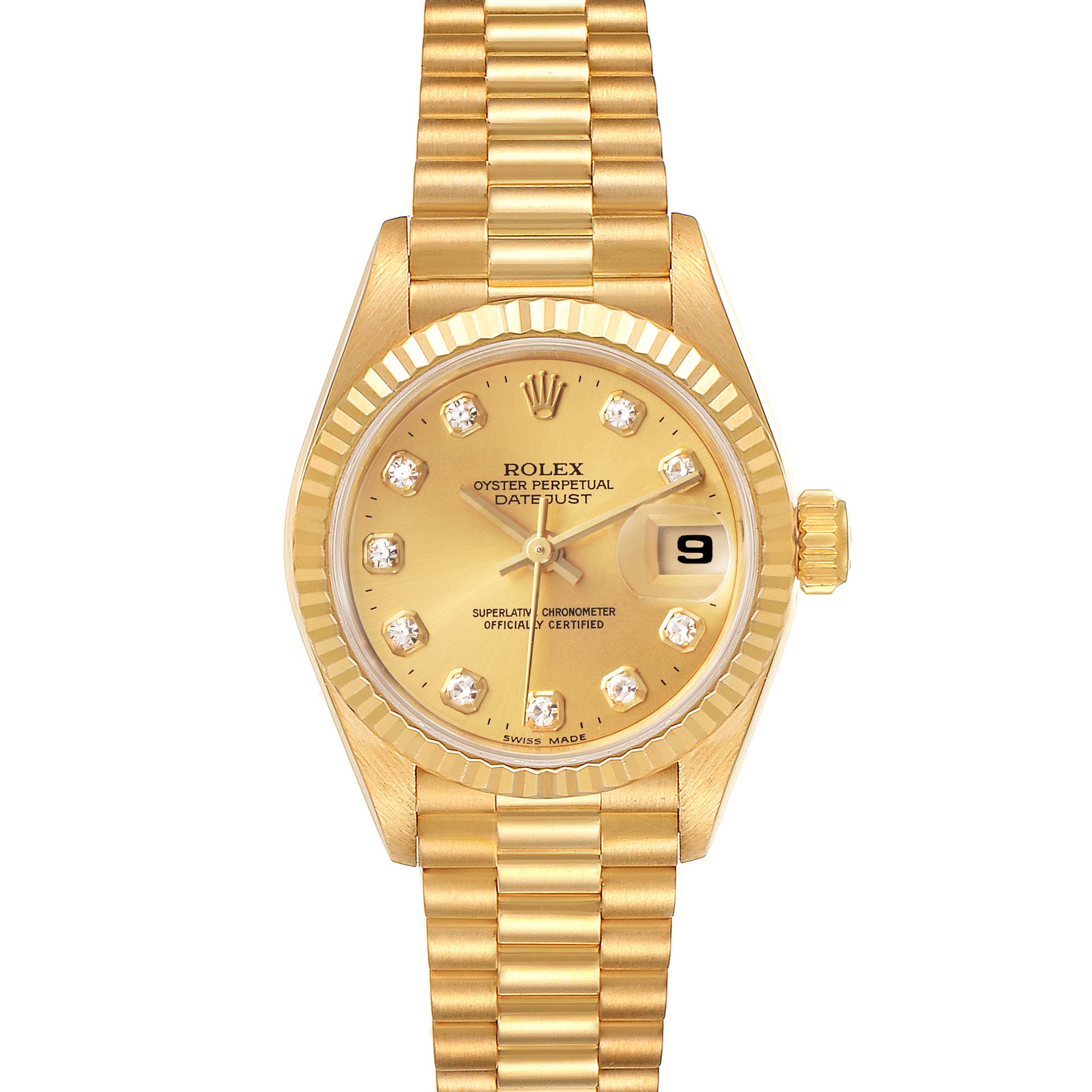 The Rolex President 69178 Women's Yellow Gold Champagne Dial 69178 Women's Yellow Gold Champagne Dial model watch is shown from a top-down angle, revealing the dial, bezel, crown, and bracelet.